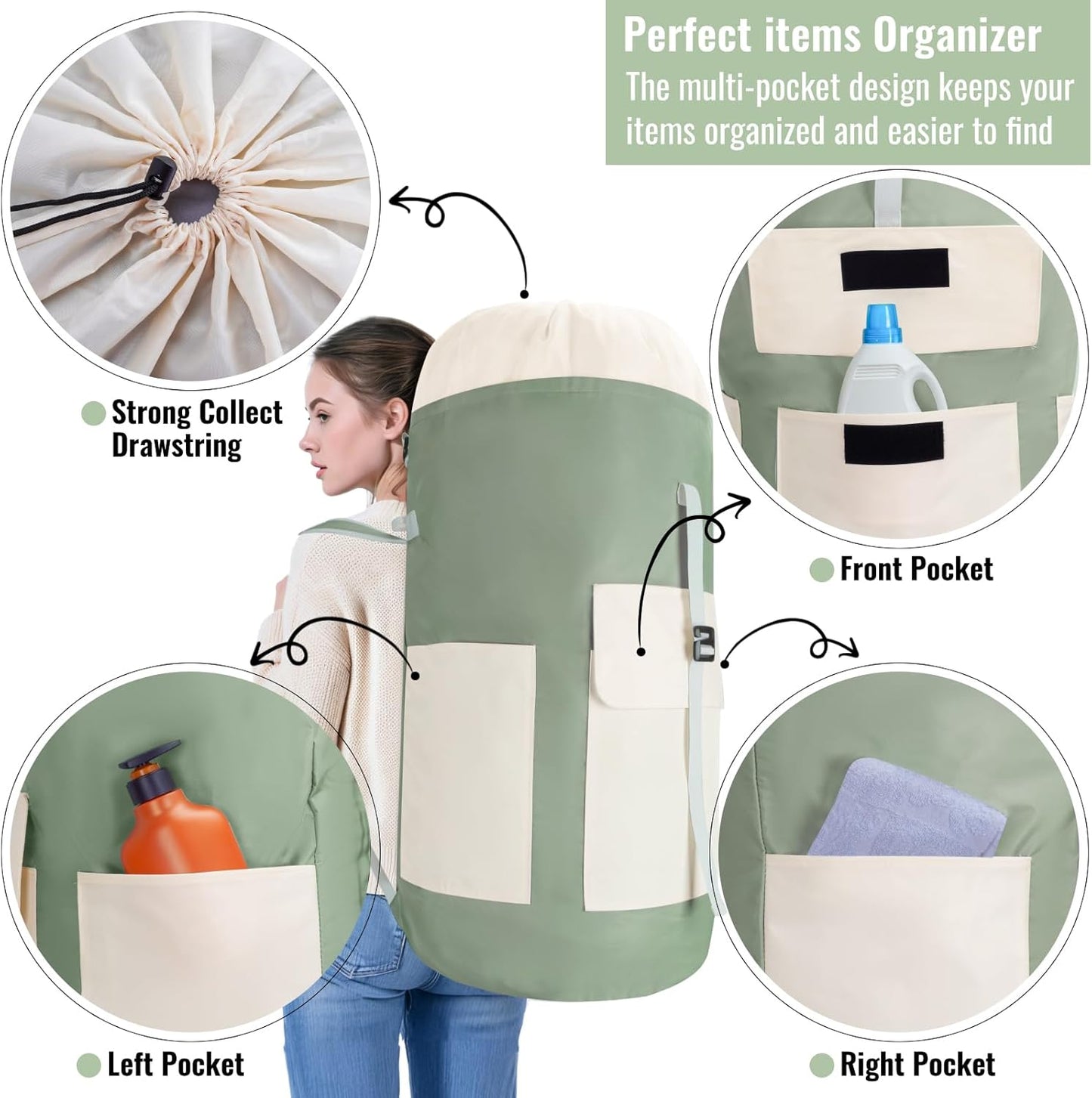 Laundry Bag Backpack, 125L Extra Large Travel with Shoulder Straps, Adjustable & Extendable Design, Laundry Hamper Bag with 3 Pockets for Laundromat, College, Travel, Camping (Green)