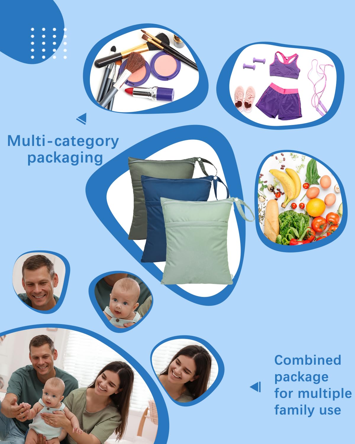 babygoal Wet Dry Bags for Baby Cloth Diapers 3 Pack, Washable Travel Bags, Beach, Pool, Gym Bag for Swimsuits & Wet Clothes with Two Pockets, Snap Handle 3LN32