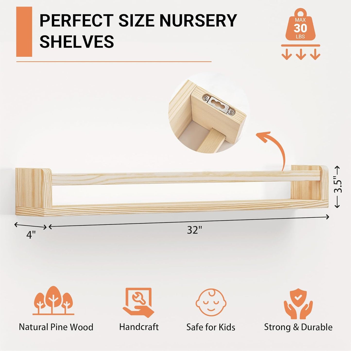 Heimlove Nursery Floating Shelves, Wood Nursery Book Shelves for Wall, 32 inch Wall Bookshelf for Kids Solid Wood Shelves for Books,Toys and Decor Storage, Set of 3