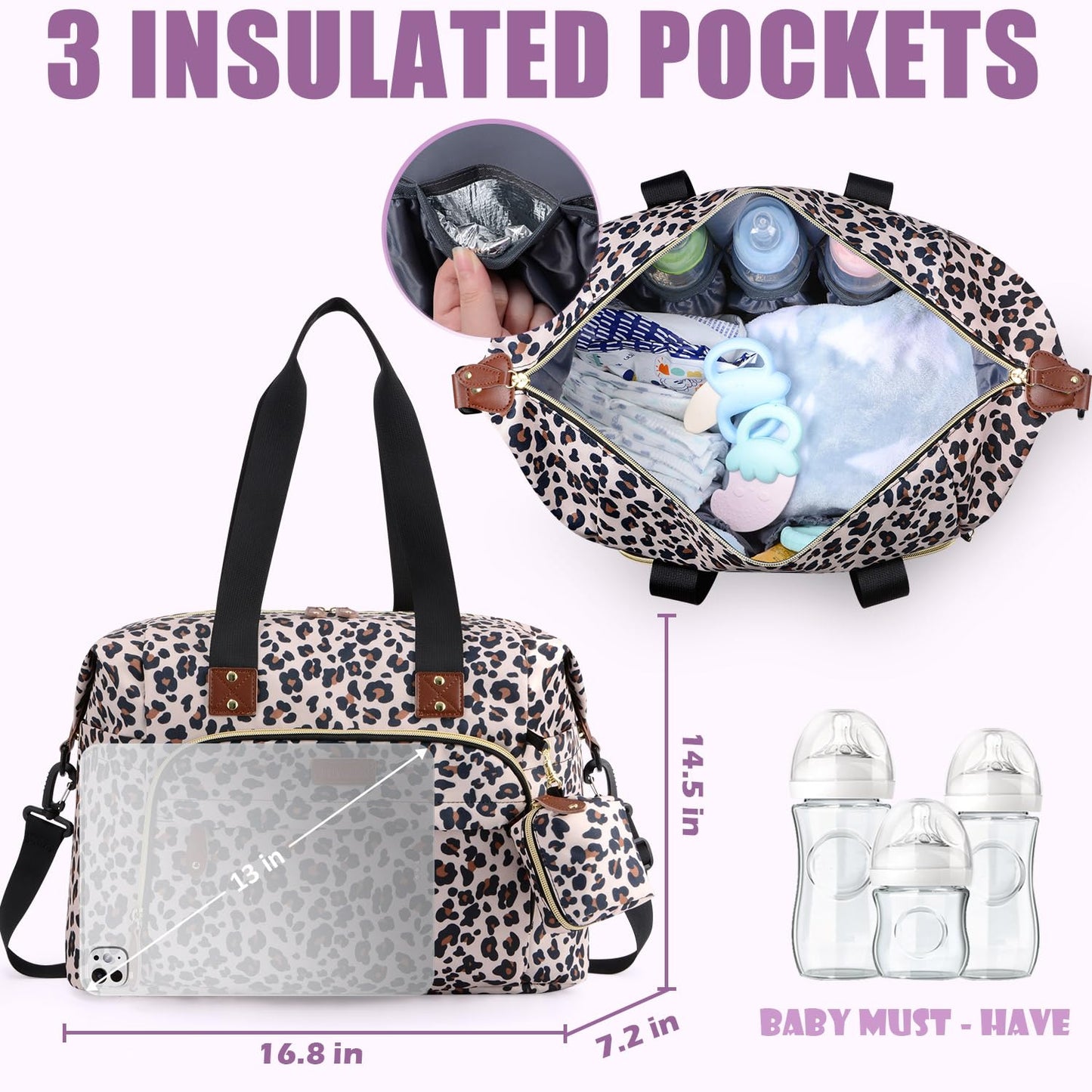 Tuwubi Diaper Bag Tote,Baby Diaper Bag with Pacifier Case Large Travel Diaper Tote Caddy for Mom and Dad Multifunction Large Baby Bag - Leopard Print