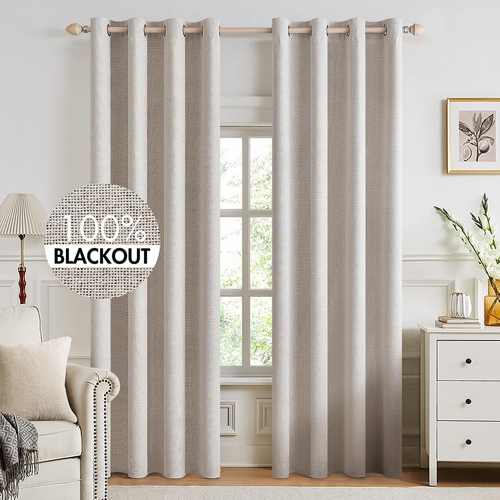 MIULEE 100% Blackout Linen Textured Curtains for Bedroom Solid Thermal Insulated Ivory Grommet Room Darkening Curtains & Drapes Luxury Decor for Living Room Nursery 52 x 94 Inch (2 Panels)