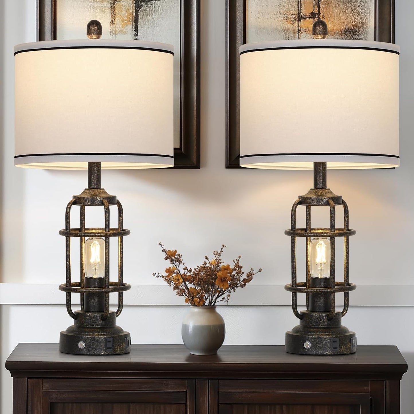 26" Vintage Industrial Table Lamps Set of 2, Farmhouse 3 Way Dimmable Touch Control LED Night Lights Table Lamp with USB A+C Ports & AC Outlet, Rustic Retro Beside Nightstand Lamp for Bedrooms Bronze