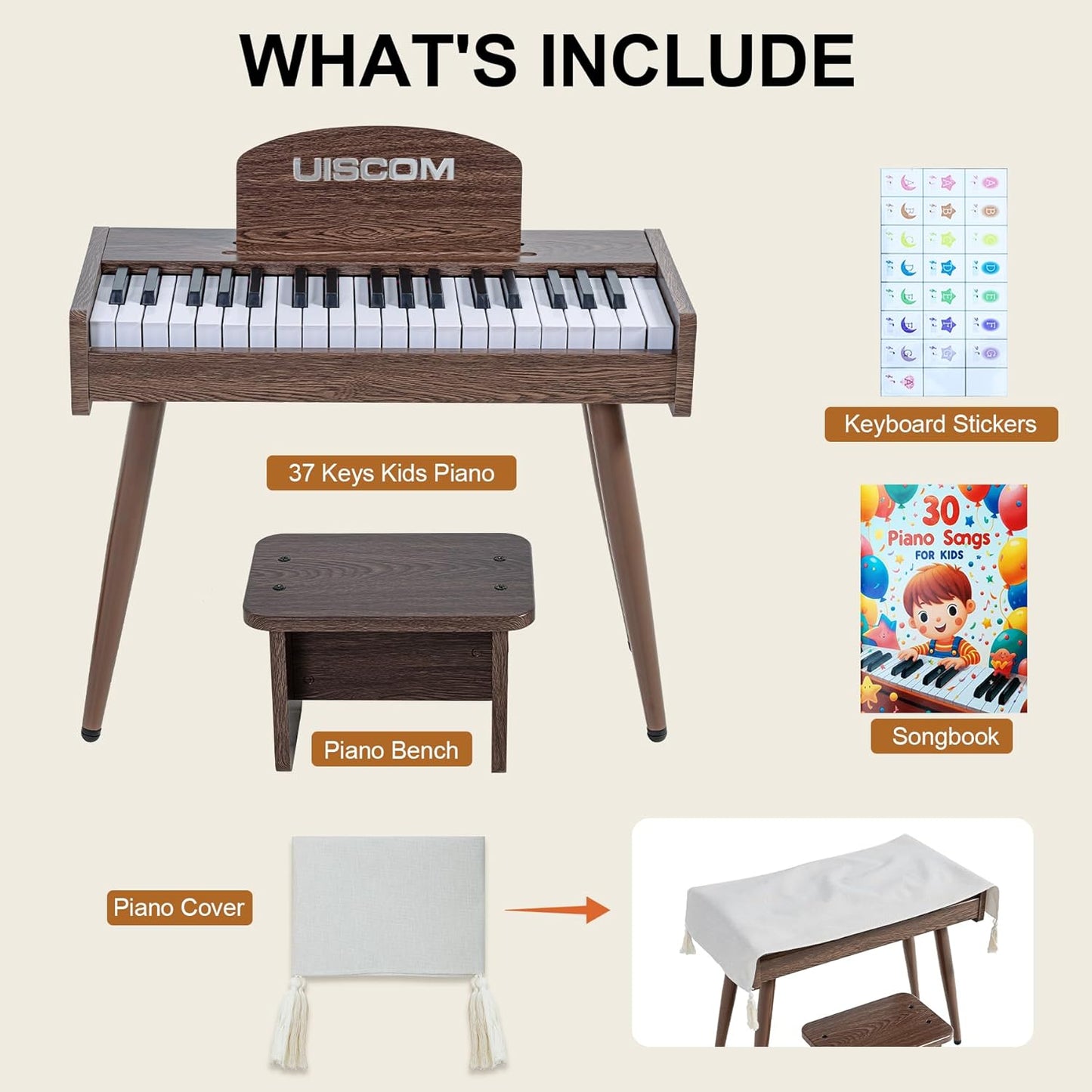 Kids Keyboard Piano, 37 Keys Digital Piano, Toddler Musical Instruments, Wooden Kids Piano with Bench, Toddler Piano for 3+ Girls and Boys, Walnut