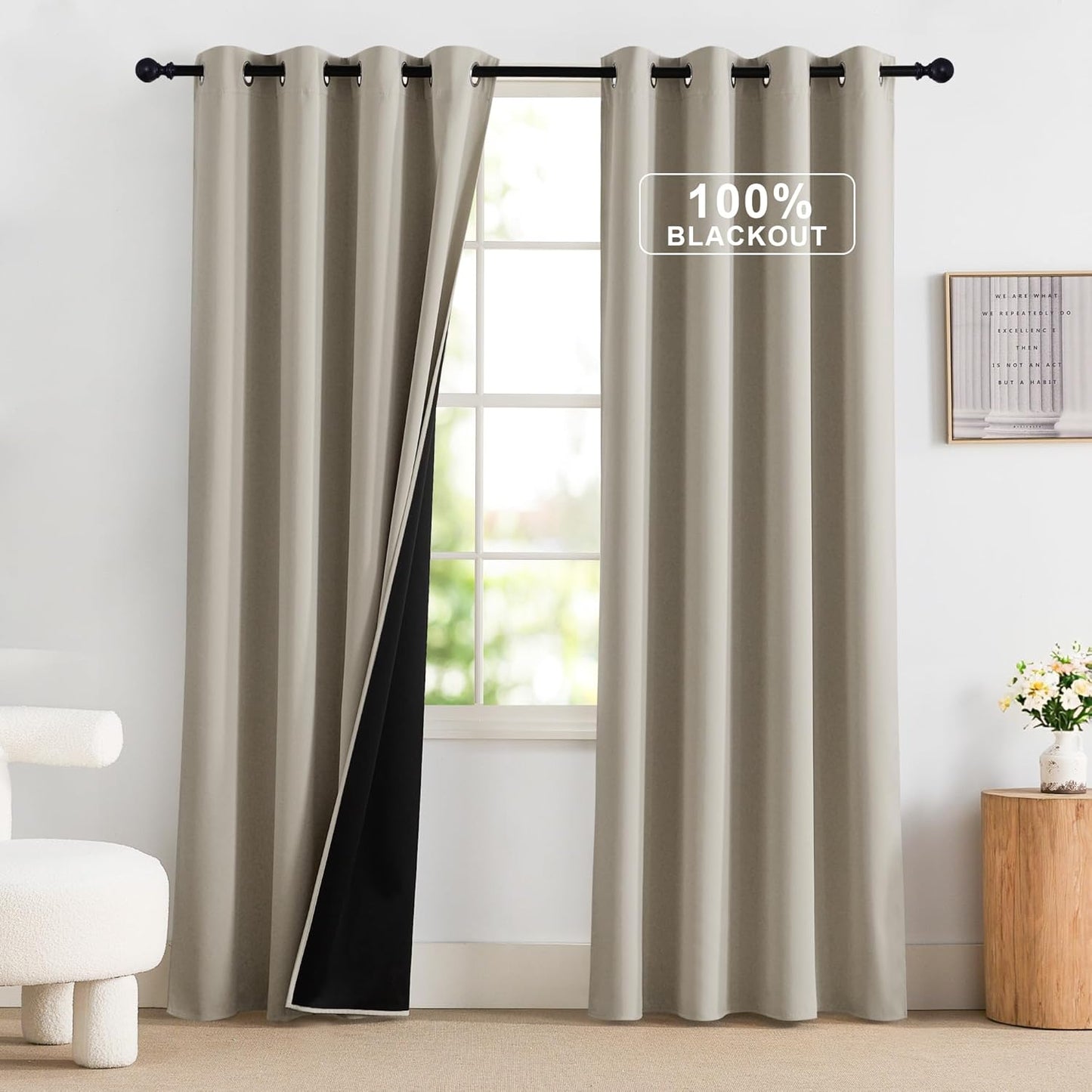 NICETOWN 100% Blackout Curtains 52 x 84 inches Long, Farmhouse Curtains Set of 2 Panels Thermal Insulated Privacy Window Curtains for Bedroom Living Room