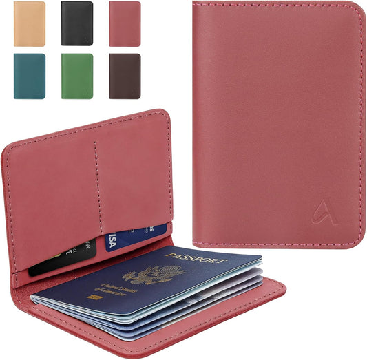 ALLIVE Passport Holder for Travel Women Men,Genuine Leather Passport Cover Wallet,Travel Must Haves Airport Essentials Travel Gifts Pink