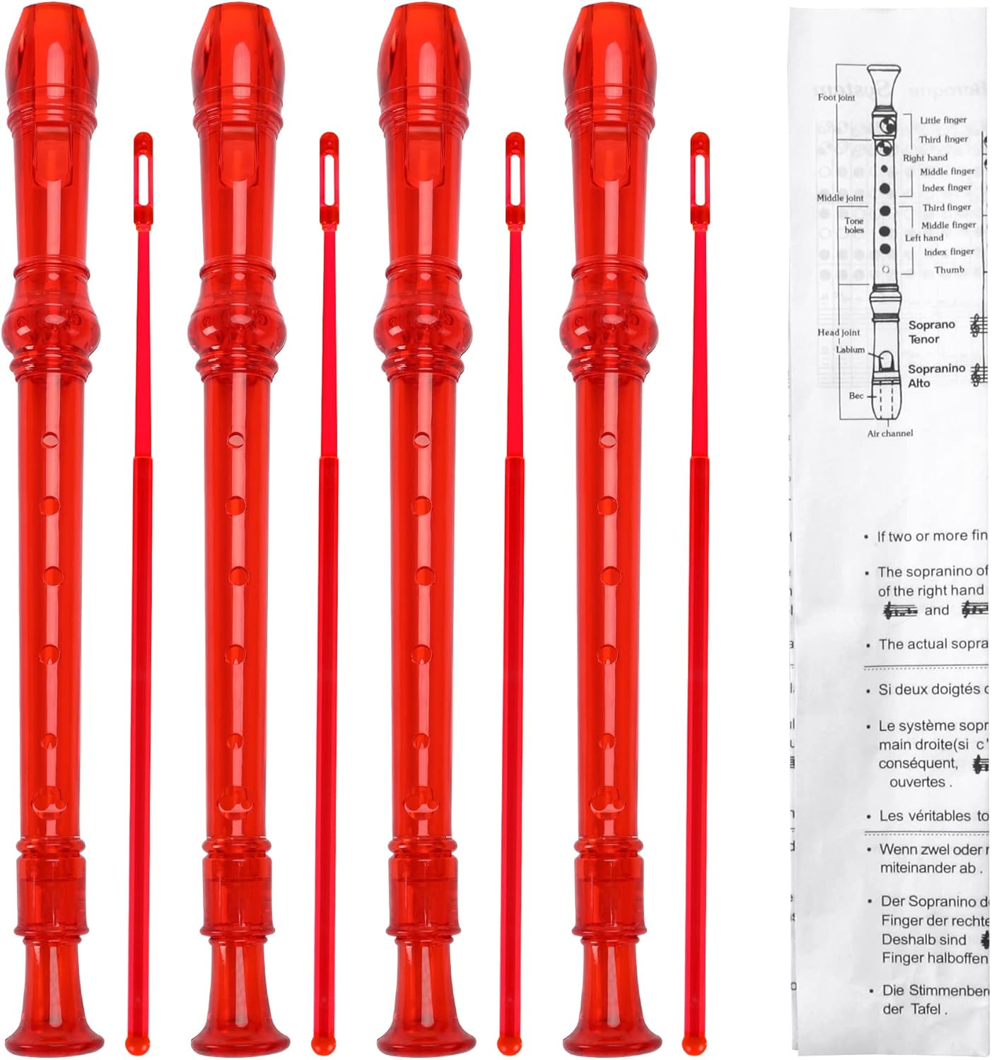 SANNIX 4 Pack 8 Hole Plastic Soprano Descant Recorder With Cleaning Rod, Instruction and Storage Bag, German Style (Clear Red)