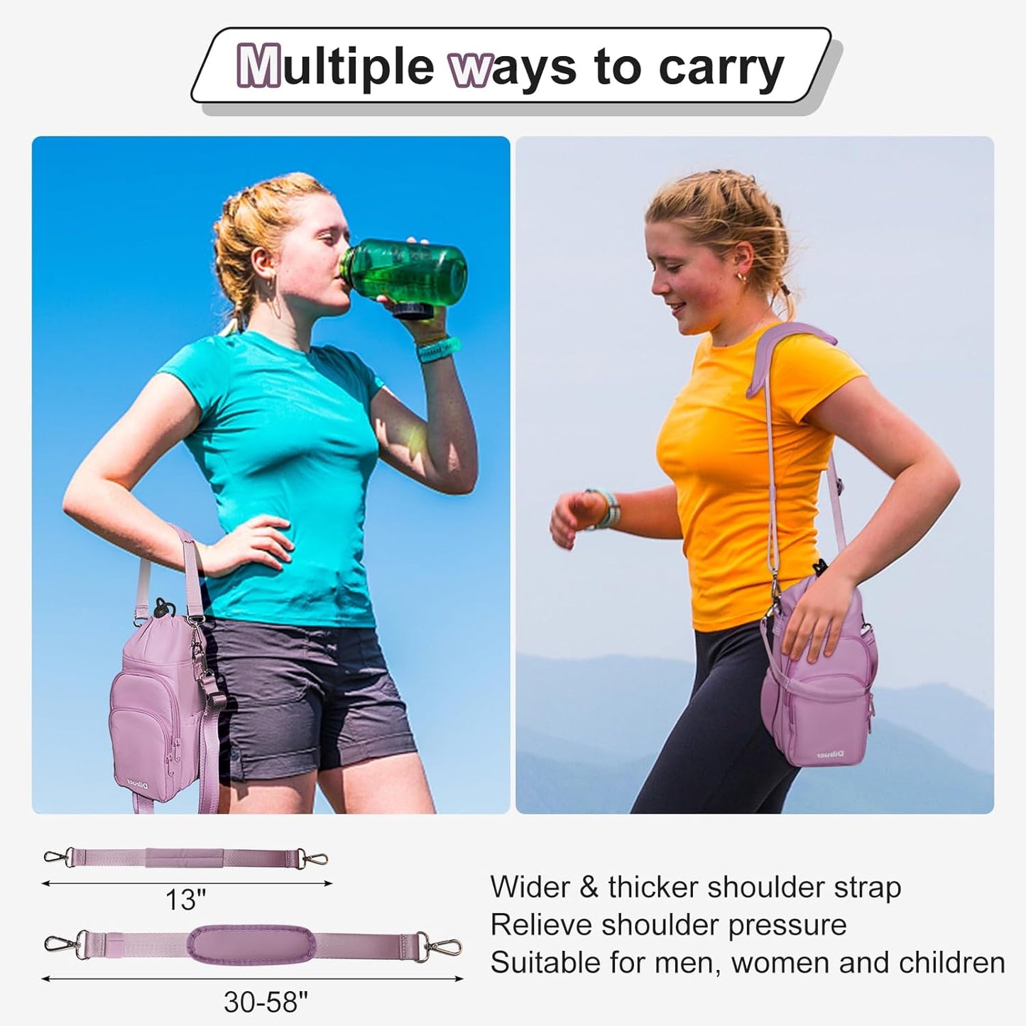 Water Bottle Holder with Strap, 4 Big Pockets with Compartment, 24oz/32oz/40oz Crossbody Water Bottle Carrier Bag