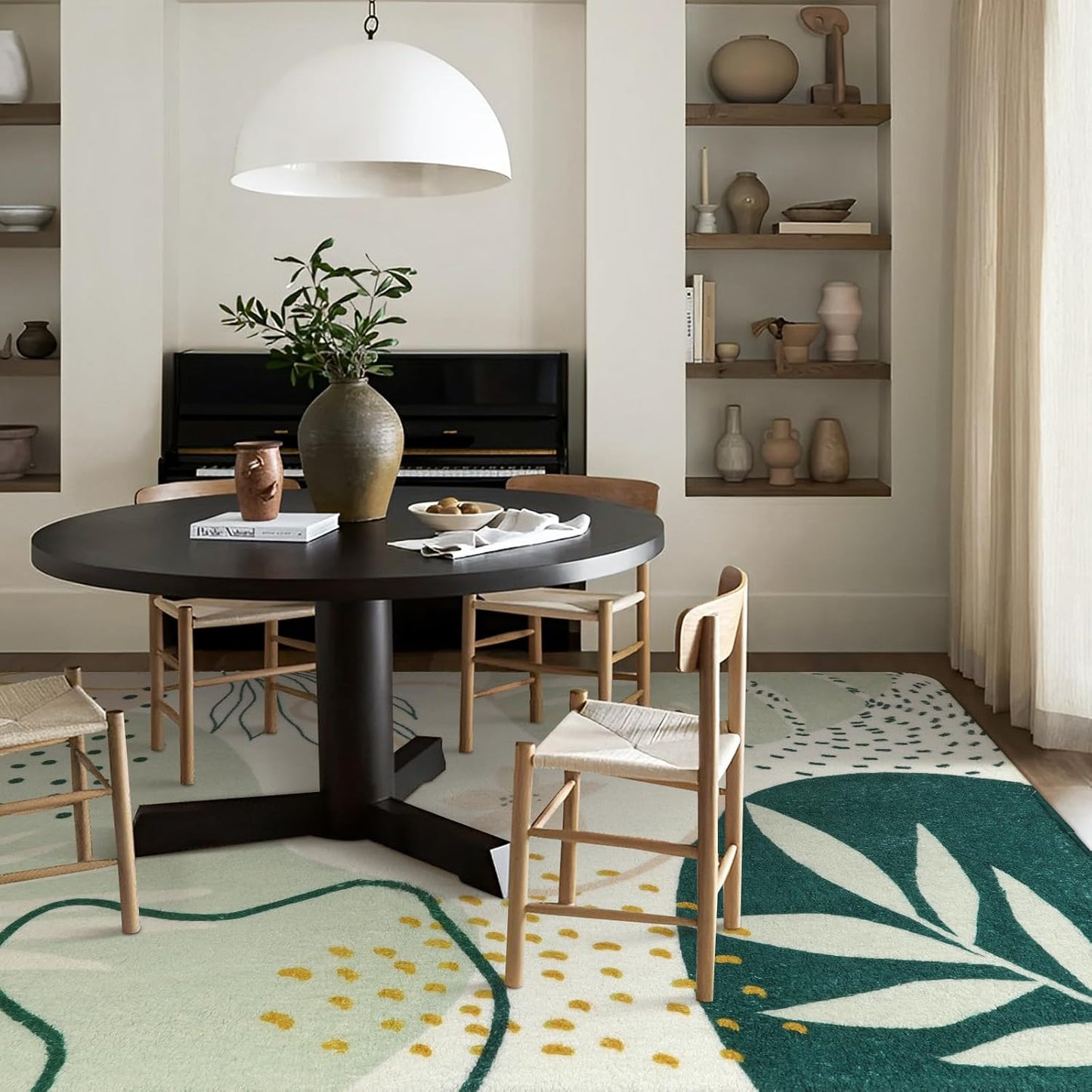 Lahome Green Machine Washable Large Rug - 8 x 10 Area Rugs for Living Room Non-Slip Lightweight Throw Boho Rugs, Soft Botanical Print Indoor Floor Carpet for Bedroom Office Dining Room Classroom