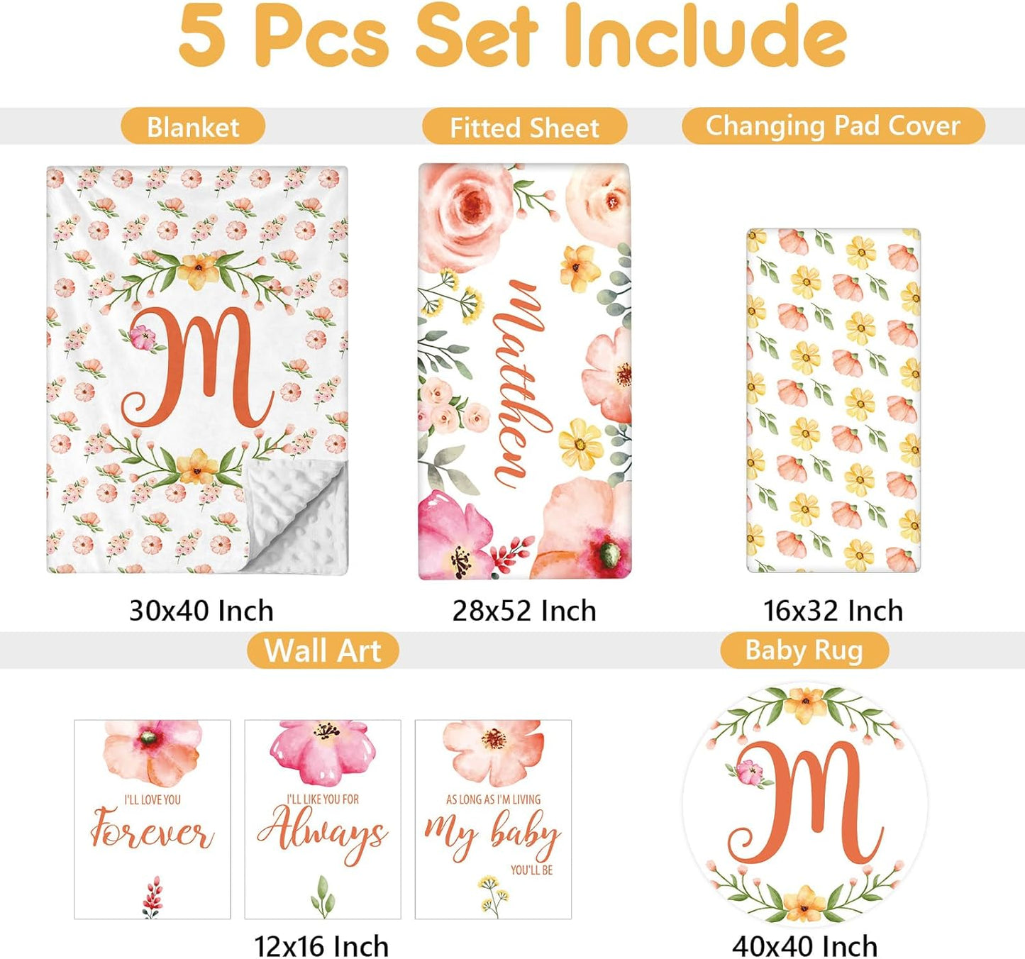 Custom Baby Bedding Set - 5 Pcs Customized Nursery Bedding Set with Name - Comfortable Double Layer Crib Sets for Girls Boys - Personalized Gifts for Toddler Infant New Parents - Orange Flowers