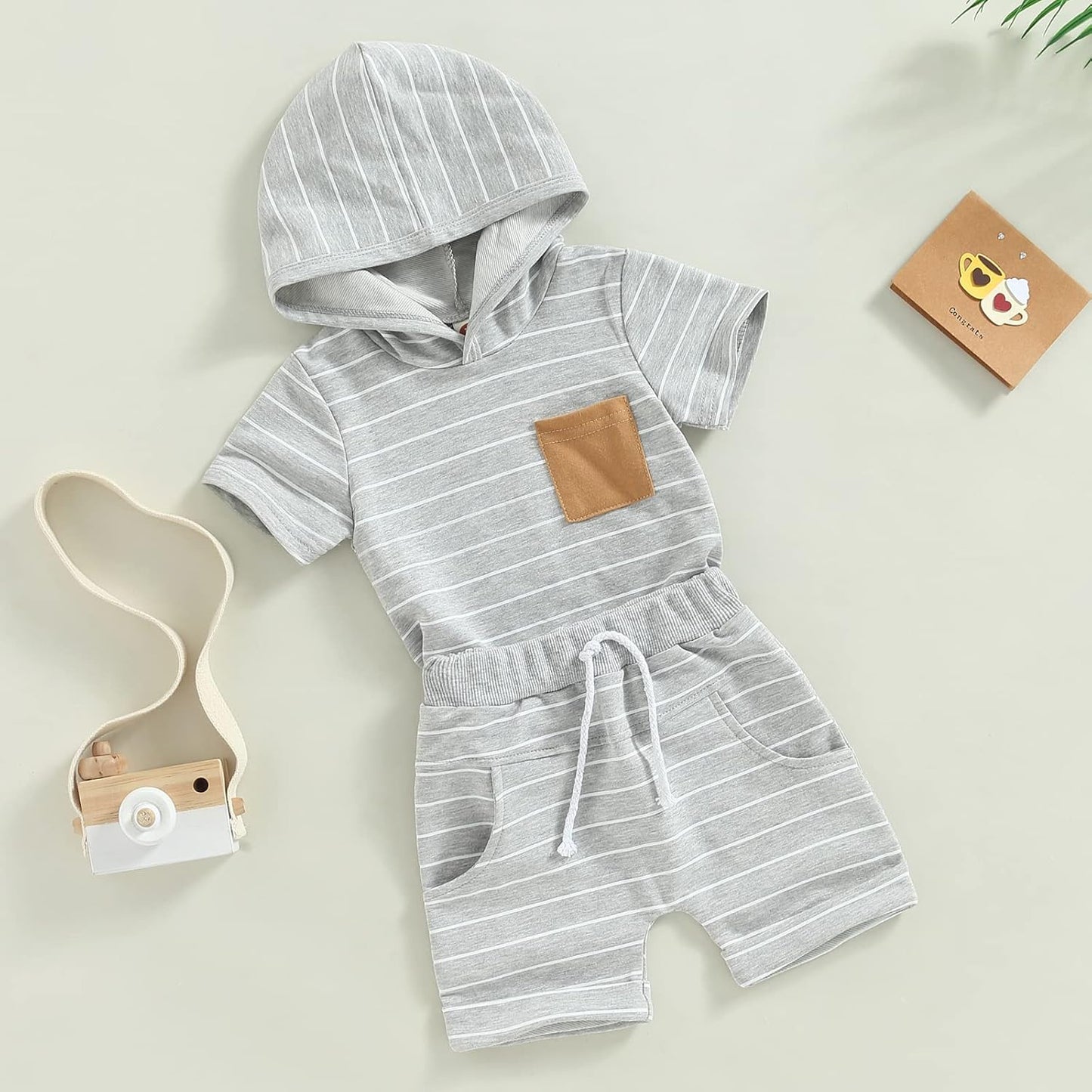Toddler Baby Boy Summer Hooded Outfit Contrast Color Short Sleeve T Shirt Top Elastic Shorts Summer Clothes Set