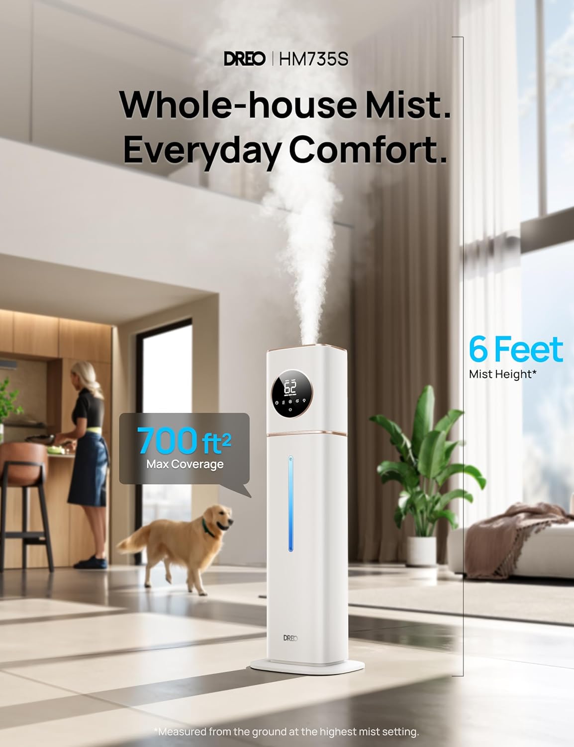 Dreo 11L Smart Humidifier Large Room 700 ft², 100H Cool Mist Air Humidifiers for Bedroom Baby Plants, Top-Fill Self-Cleaning Tank, 26dB, Auto Mode, RGB Light, Remote & APP Control, HM735S White