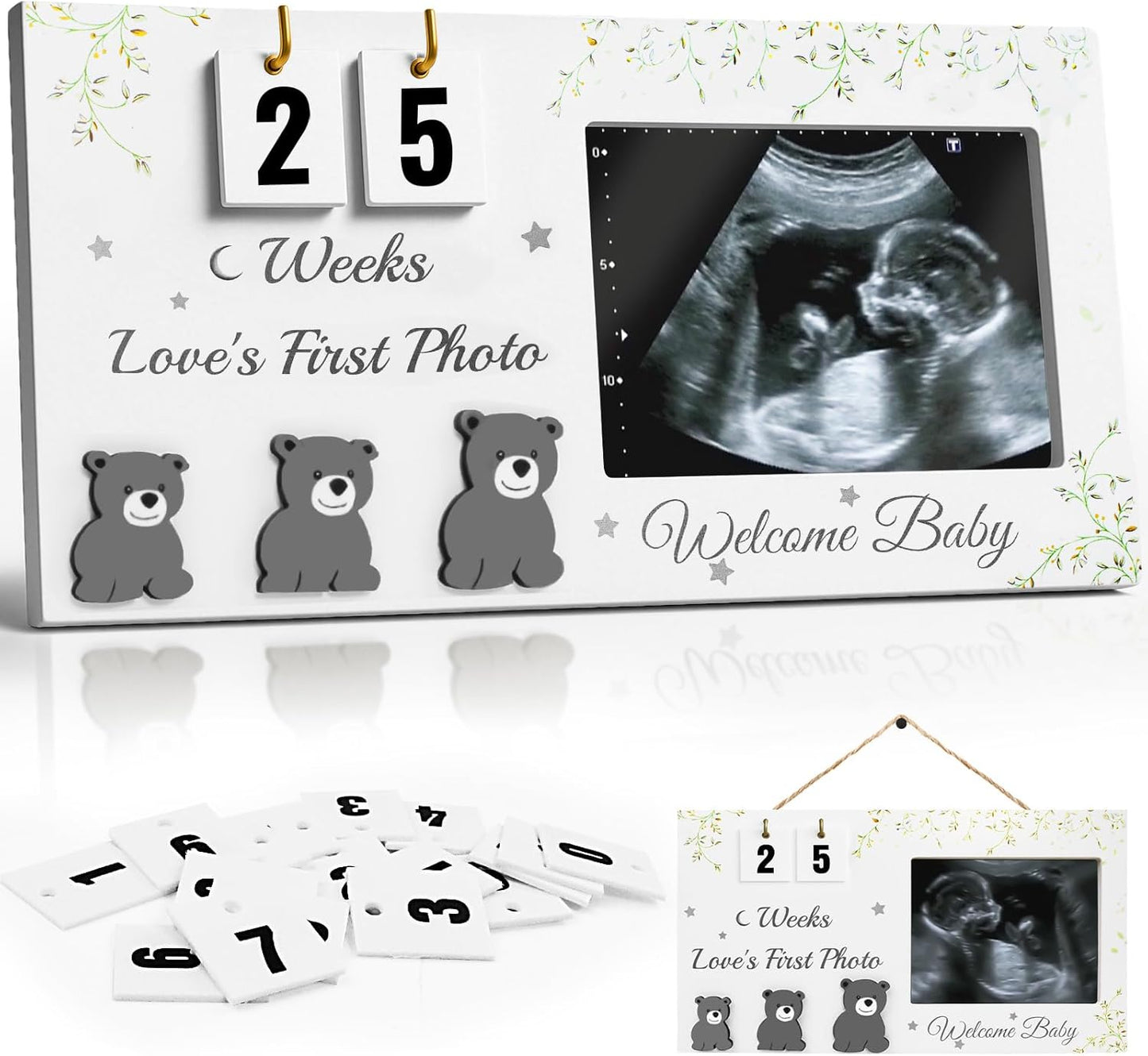 Ultrasound Picture Frames with Countdown Weeks, Baby Sonogram Picture Frame with Plant Prints for Standard 4" x 3" Love's First Ultrasound Photo, Pregnancy Announcement, Gender Reveal Baby-Shower Gift
