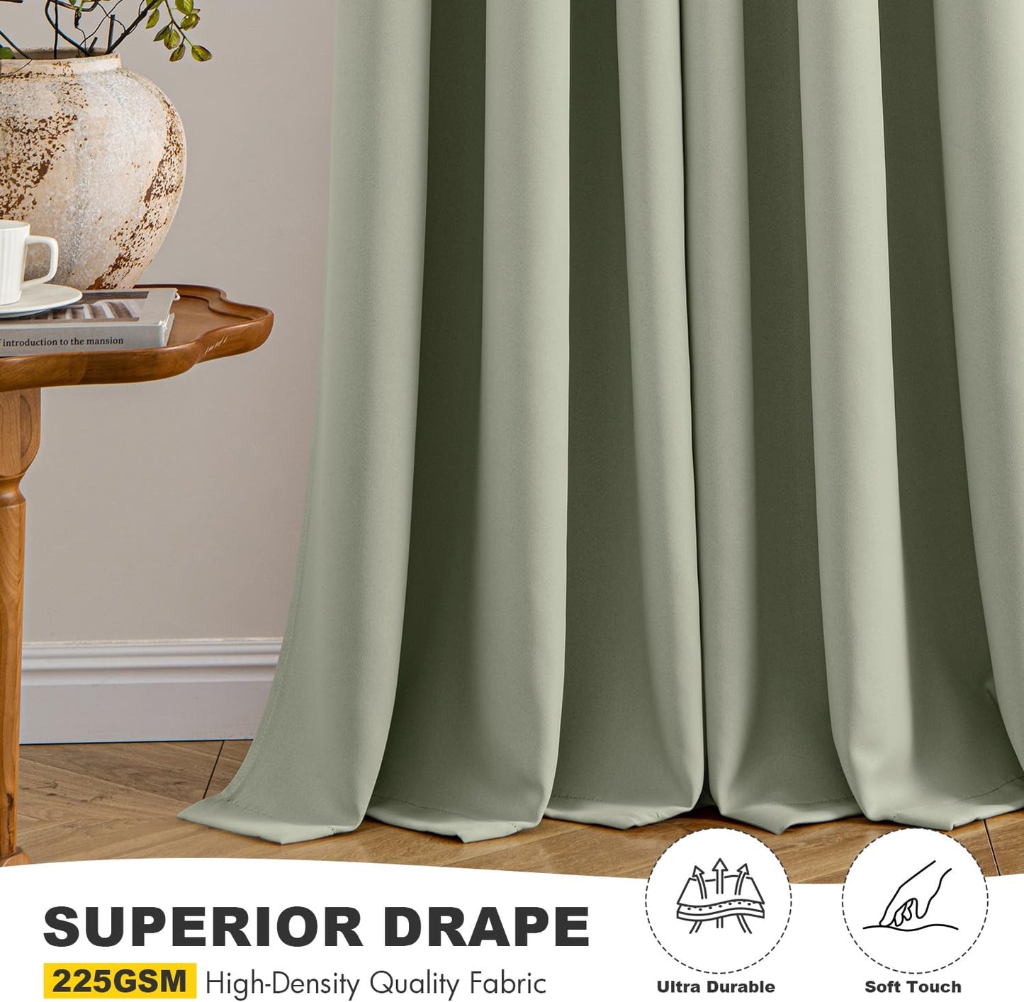 MIULEE Sage Green Blackout Curtains for Bedroom Living Room 96 Inches Long 2 Panels, Thermal Insulated Room Darkening Drapes Solid Grommet Top Noise Reducing Light Green Window Treatments 40x96 Inch