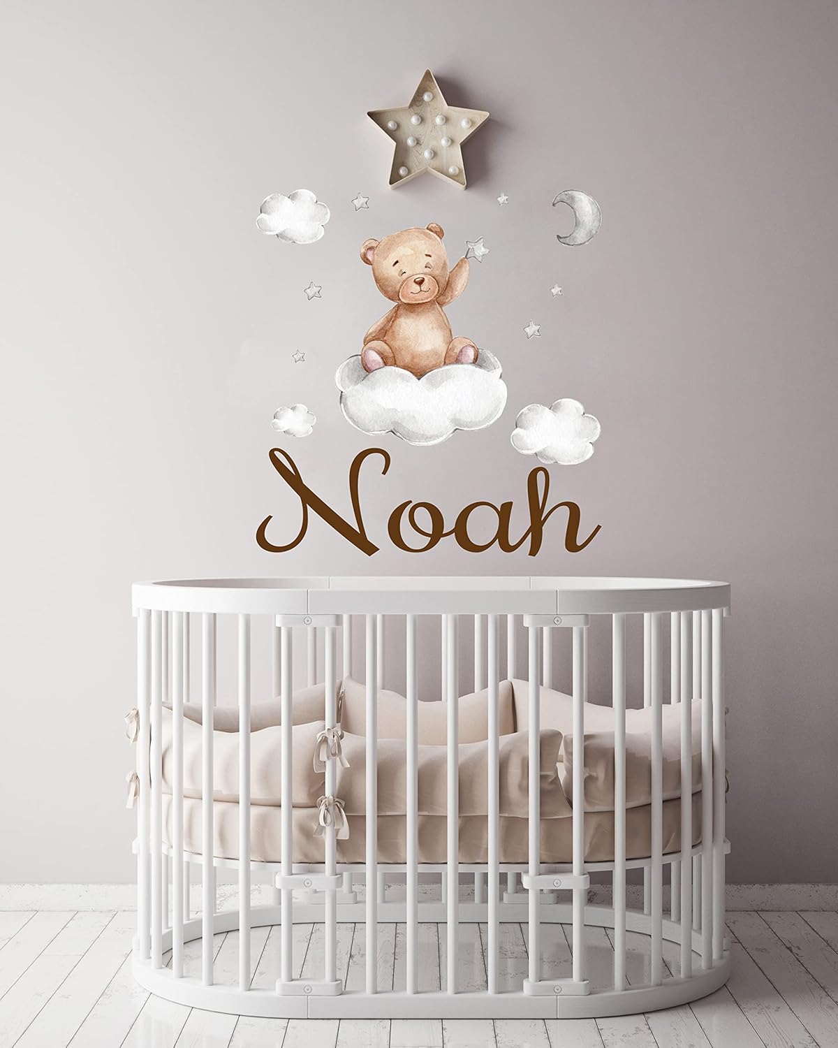 Custom Name Teddy Bear Nursery Wall Decal - Moon, Starts Clouds Watercolor Baby Room Decor for Boys & Girls - Teddy Bear Wall Stickers - Personalized Name Wall Sticker for Nursery playroom