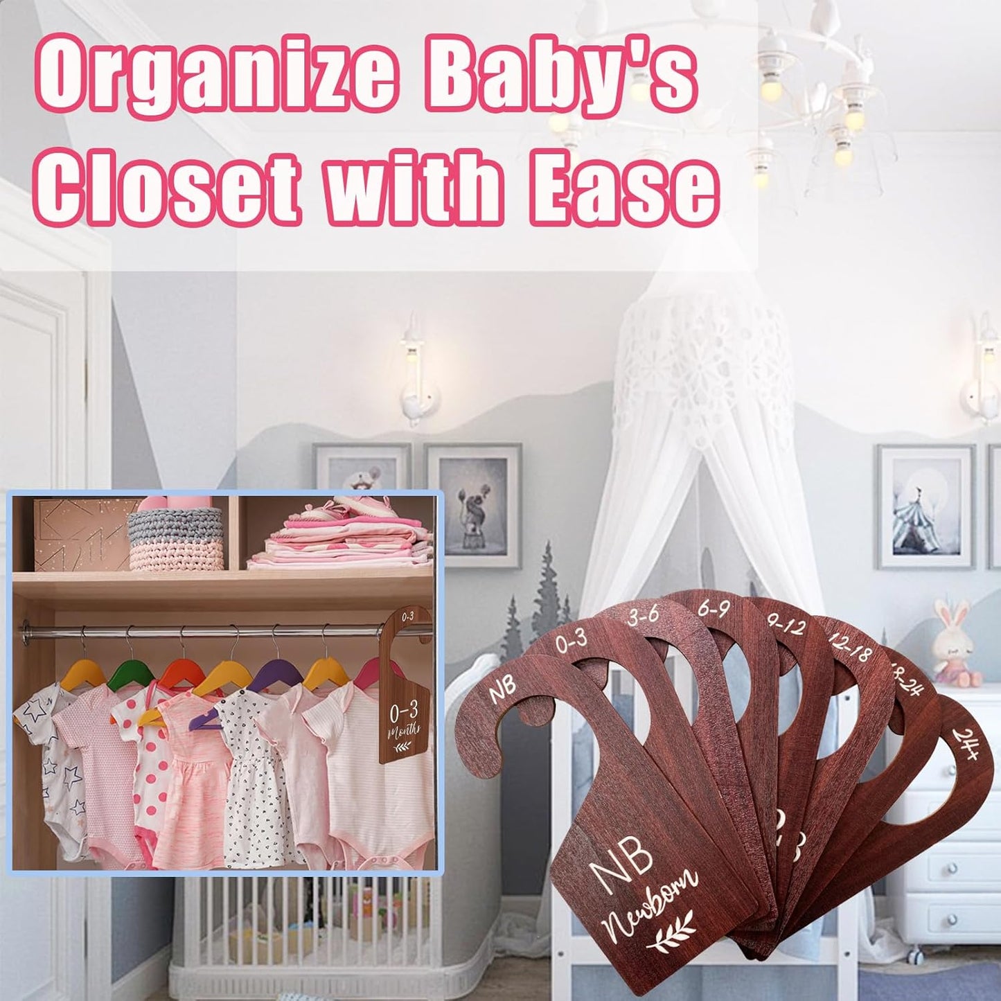 Baby Closet Dividers, Hanging Wooden Double-Sided Nursery Decor Closet Dividers for Baby Clothes, Baby Clothes Dividers for Newborn to 24 Months Size Clothes (Brown, 8pcs)