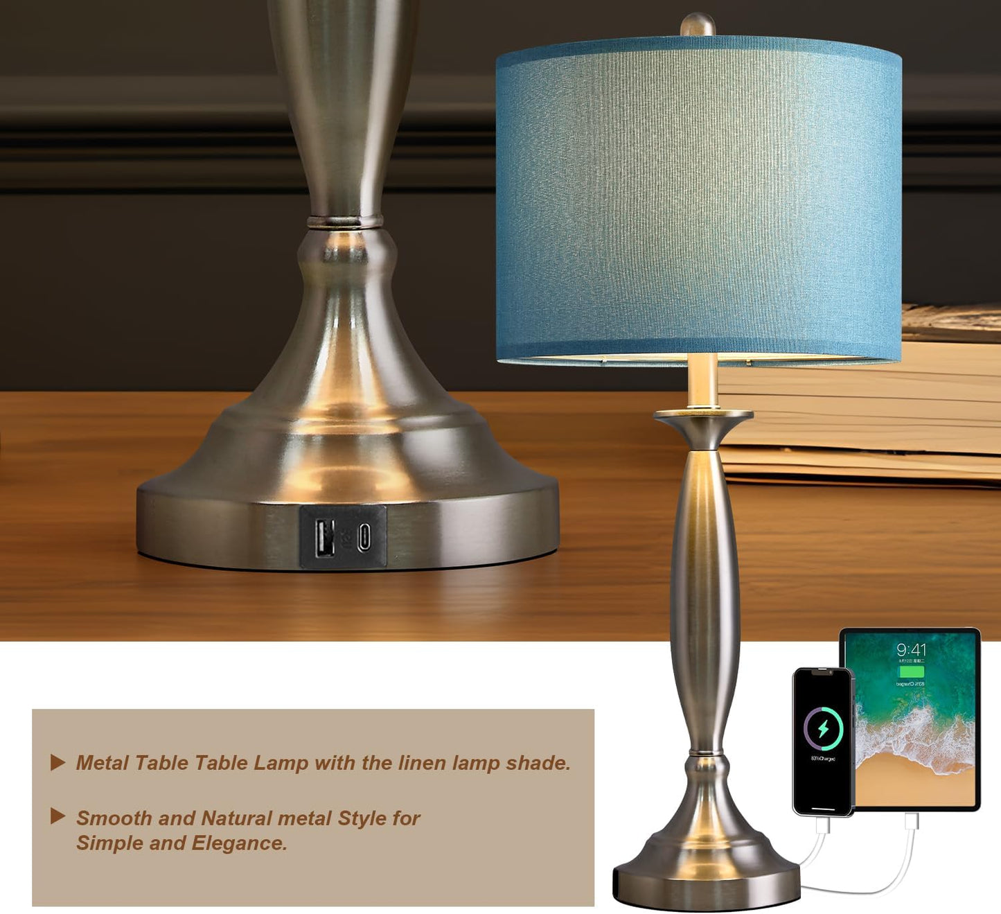 Oneach 27" Modern Table Lamps Set of 2 for Living Room Bedroom with USB A+C Charging Port,Brushed Steel Bedside Lamps for Night Stands,Fabric Drum Shade Nightstand Lamp Light for End Tables Home