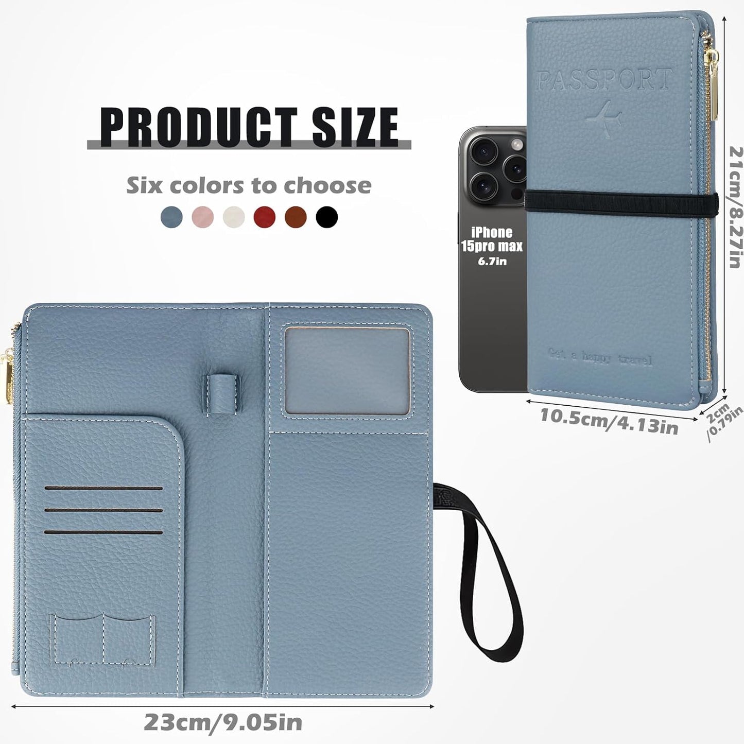 Travel Passport Wallet, RFID Blocking Passport Holder with Zipper, Passport Cover for Women Men, PU Leather Travel Document Organizer with Card Slots, Gift for Family Friends, Blue