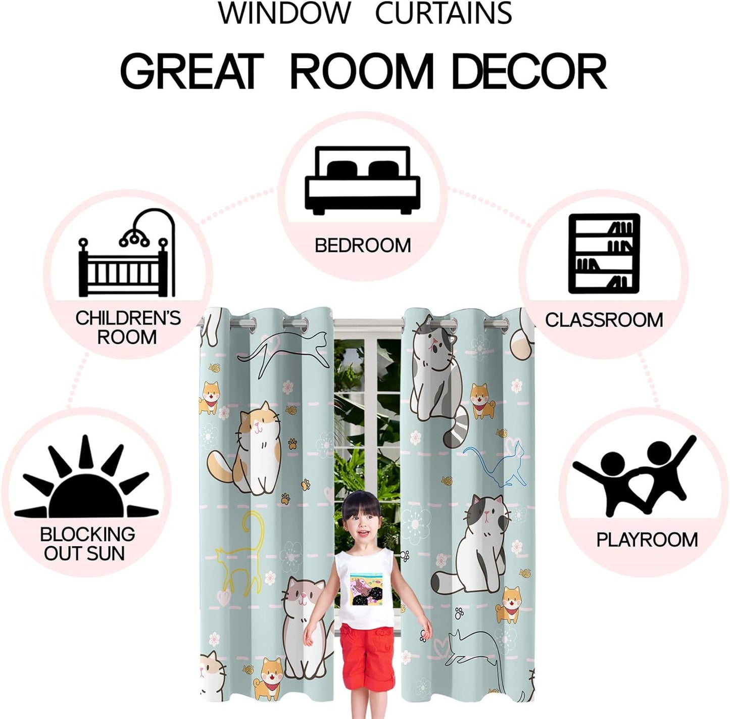Lovely Cat Blackout Curtains 2 Panels 63" Inch Drapes for Kids Nursery Bedroom Kids Blackout Curtains Animal Themed Grommet Top Thermal Insulated Curtains for Nursery, 82 in x 63 in