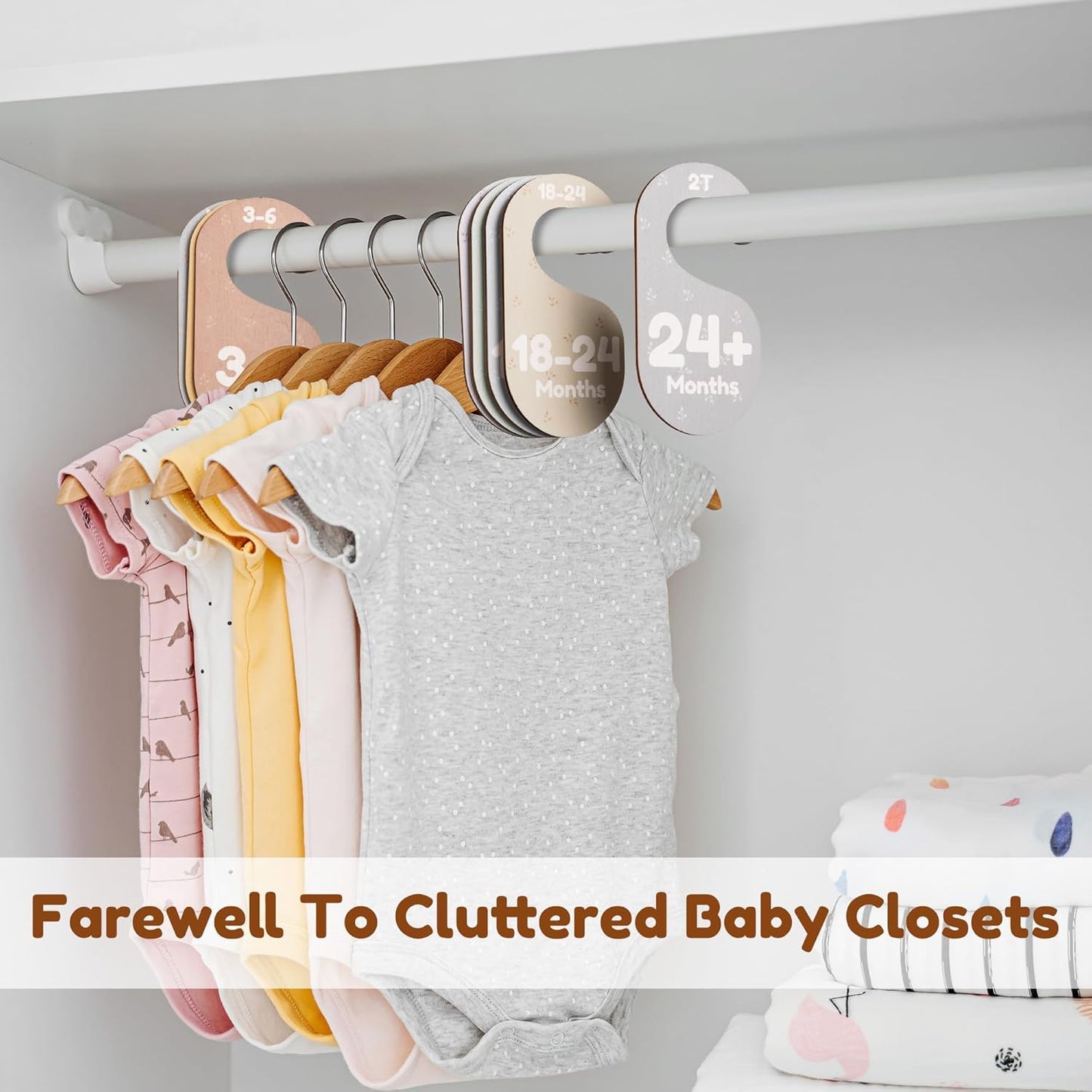 Baby Closet Dividers for Clothes Organizer - Set of 8 Adorable Wooden Double-Sided Baby Clothes Size Hanger Organizer from Newborn to 24+ Months for Nursery Beautiful Minimalist Decor
