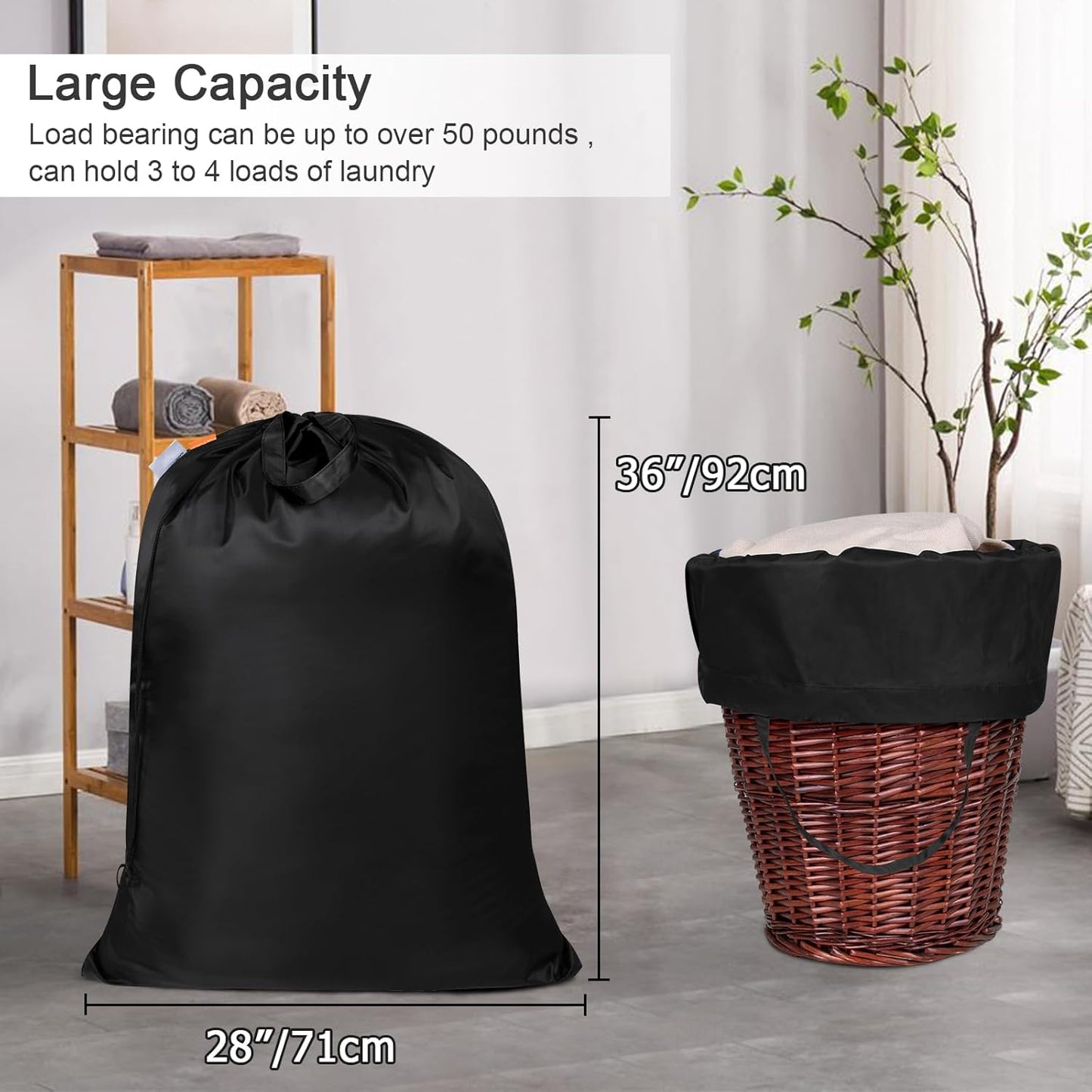 Polecasa Heavy Duty Large Laundry Bag with 130gsm Tear Resistant Fabric, ID Tag and Handles, Easy to Carry Dirty Clothes Drawstring Bag, Perfect for College Dorm, Travel, 28”x36”, Black
