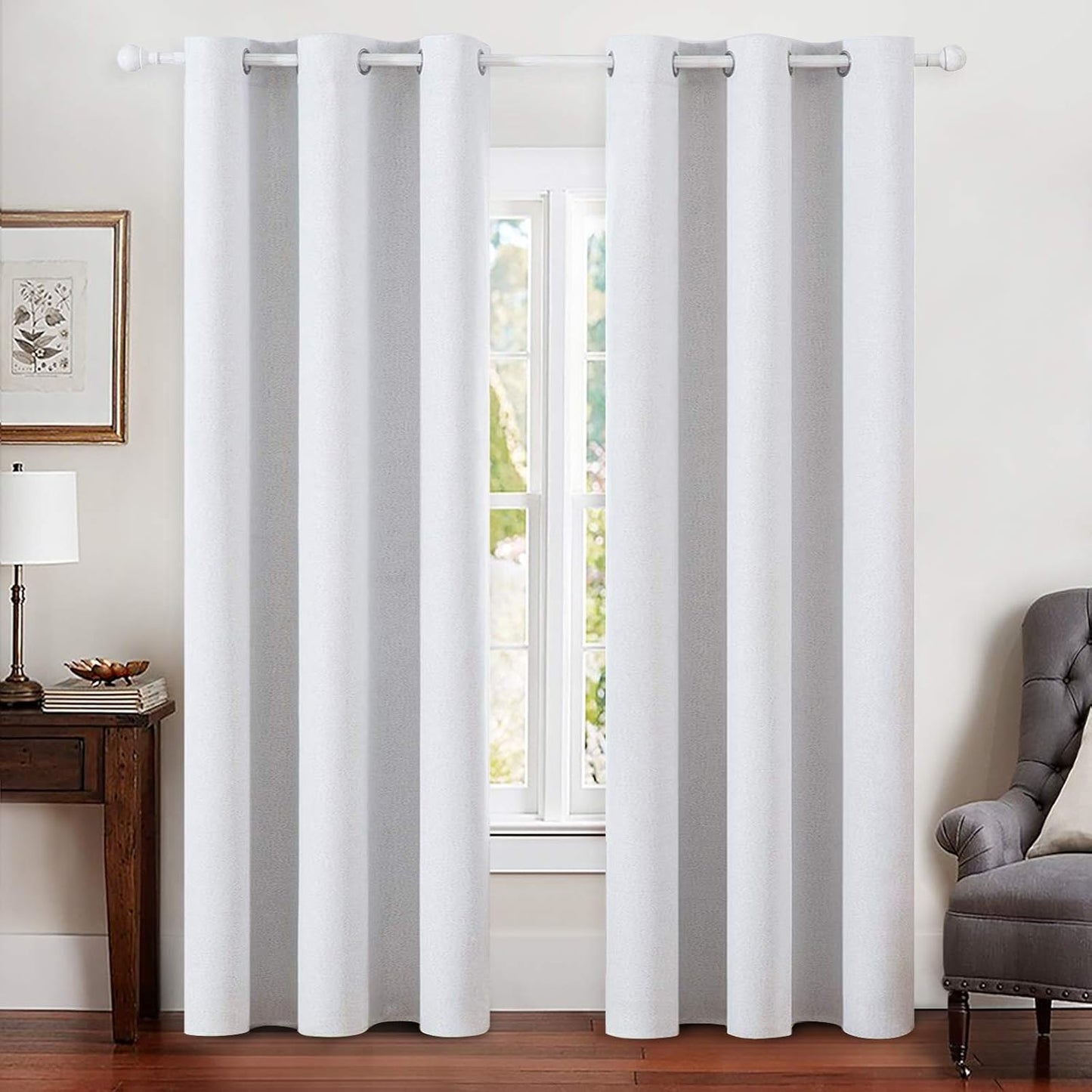 MIULEE Linen Blackout Curtains for Bedroom Solid 100% Blackout Thermal Insulated Grayish White Curtains Grommet Room Darkening Curtains/Drapes for Living Room 42x84 Inch (2 Panels)