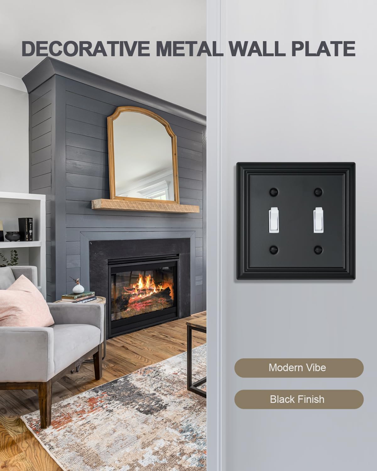 2-Pack Double Toggle Wall Plates, Durable Metal Light Switch Covers, Decorative Switch Plate Covers with Black Finish, 4.96''*4.88'', Midsize