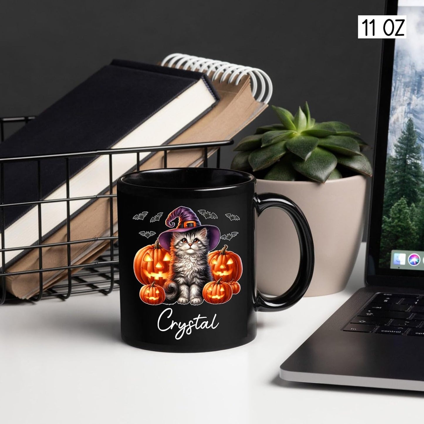 Personalized Halloween American Curl Ceramic Mug 11oz 15oz, Custom Name American Curl Wearing Witch Hat Coffee Cup, Cat with Pumpkins Halloween Black Cup, Spooky Cat Mug Gift for Pet Lover