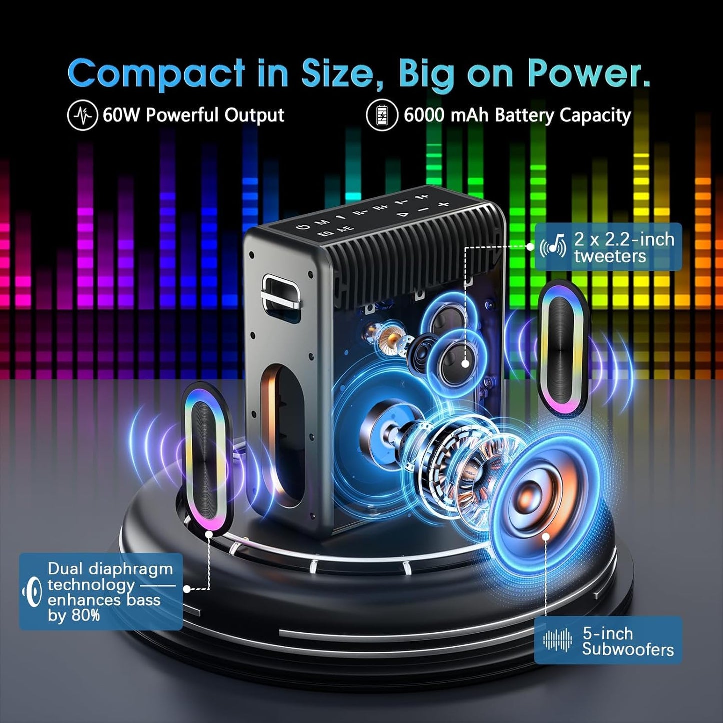 Karaoke Machine with Two Wireless Microphones, Powerful Portable Bluetooth Speaker for Adults & Kids, PA System with 2 Voice Mode, LED Lights, Supports BT/TWS/AUX/USB/TF for Party (Black+Sliver)