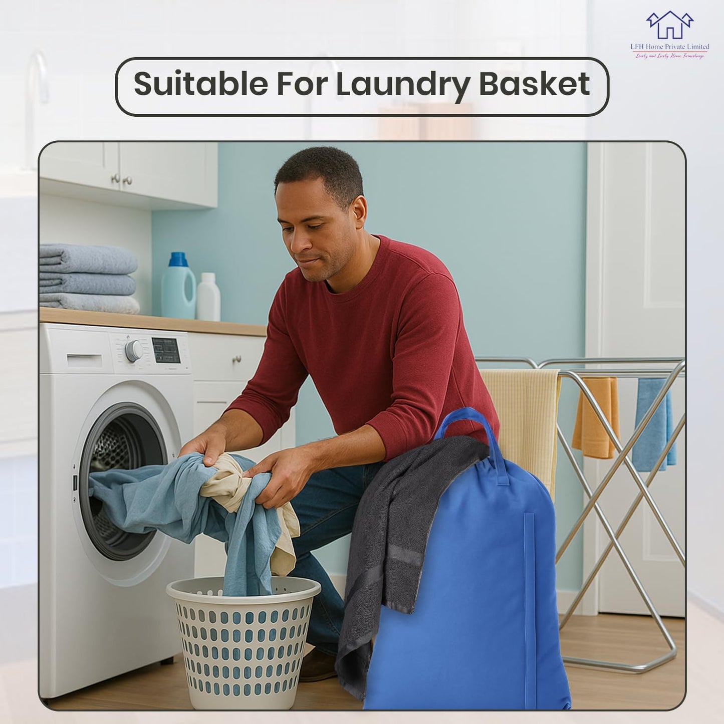 LFH Home Cotton Canvas Large Laundry Bag with Handle, Heavy Duty Drawstring Closure Washable Laundry Bags, School Travel, Home, Hotel, College Dorm, Organizer Sack, Toys Clothes 28x40-Sky Blue