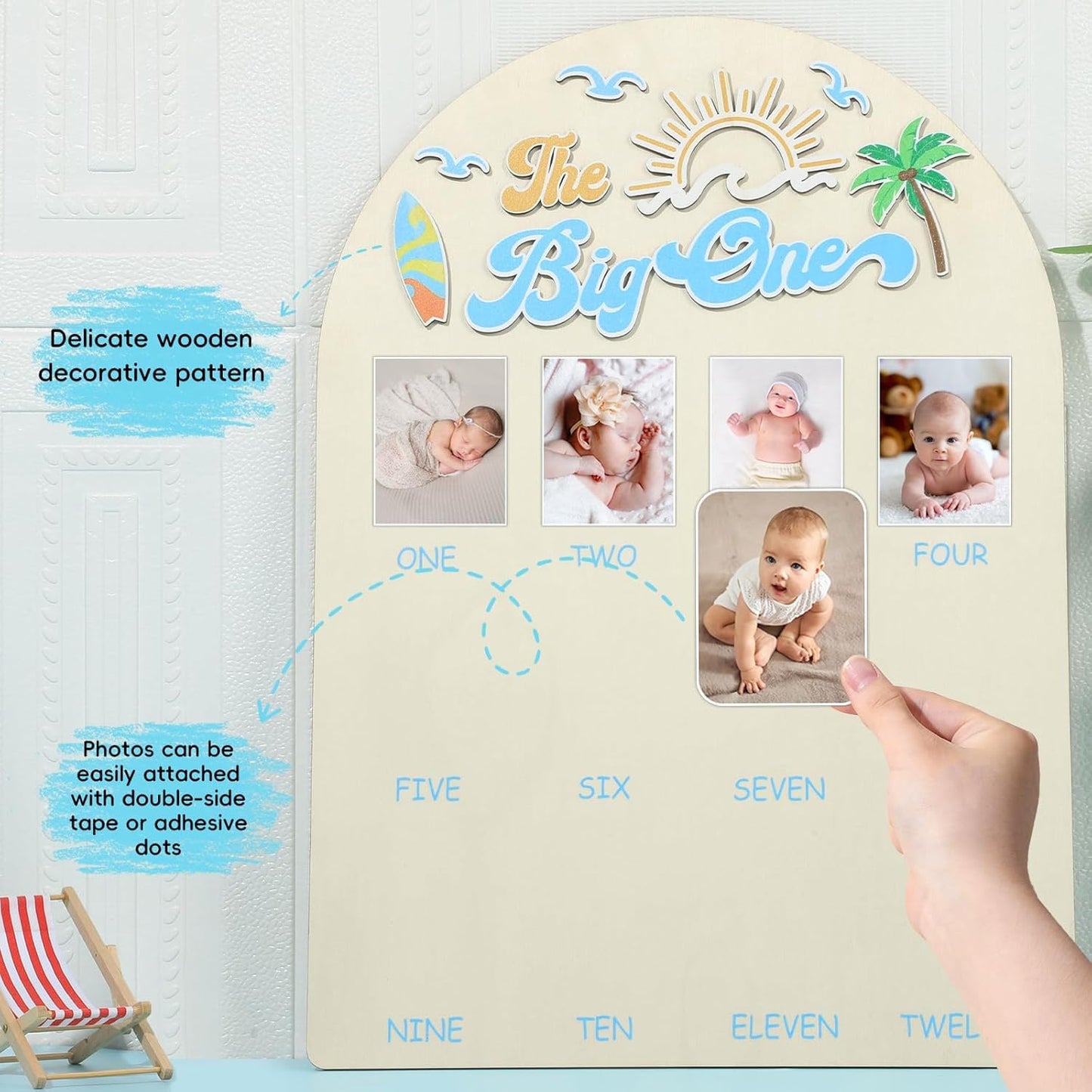 The Big One Photo Board Surf Birthday Party Wooden Board Decorations 12 Monthly Milestone Picture Frame One Year Old Wood Sign 1st Birthday Photo Banner for Baby Keepsake Gift Summer Beach Supplies