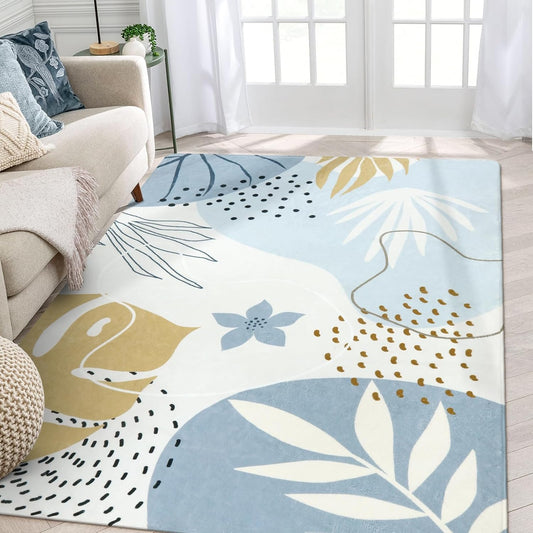 Lahome Boho Blue Living Room Carpet - Washable Area Rugs 4x6 Non-Slip Ultra-Thin Soft Bedroom Rugs Nursery Kids Room, Botanical Print Indoor Modern Floral Carpet Rug for Classroom Laundry Room Office