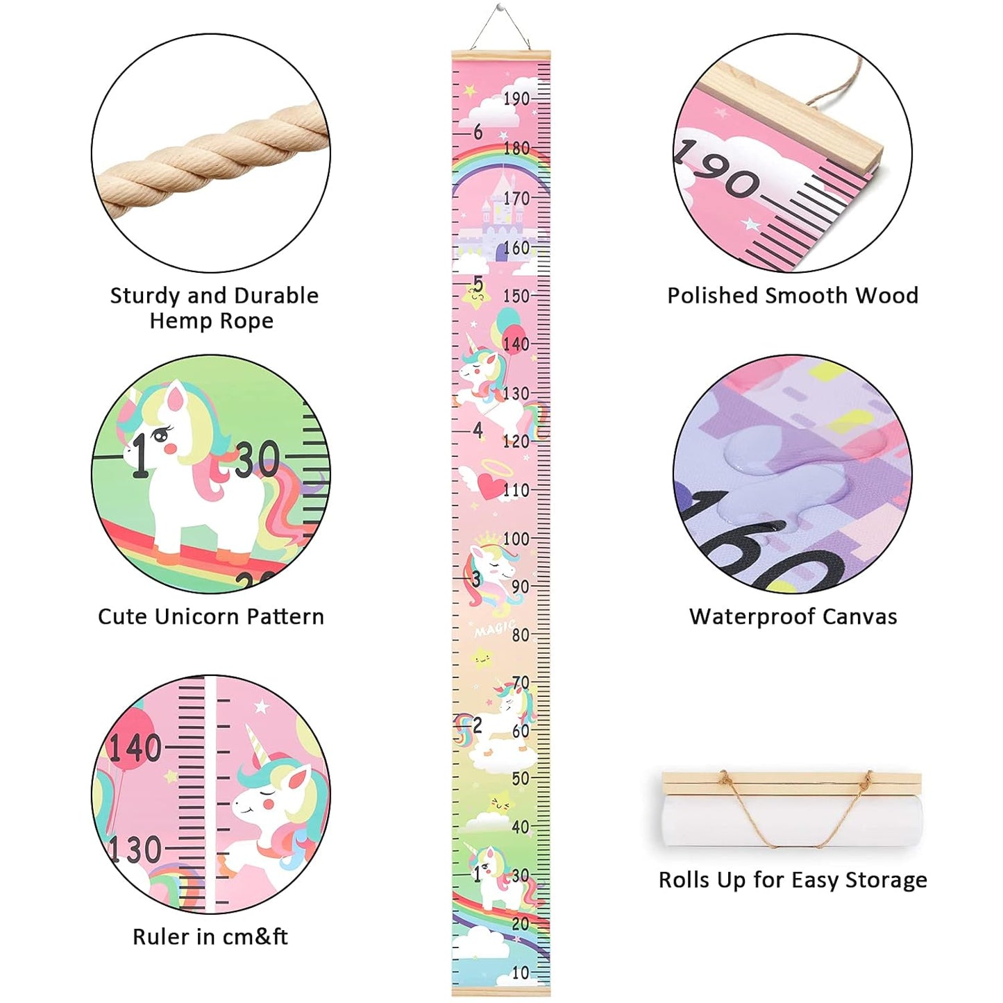 Kids Growth Chart Height Measuring Chart, Unicorn Canvas Wall Hanging Rulers for Baby Children Girls Bedroom Decor 74.8''* 7.87''