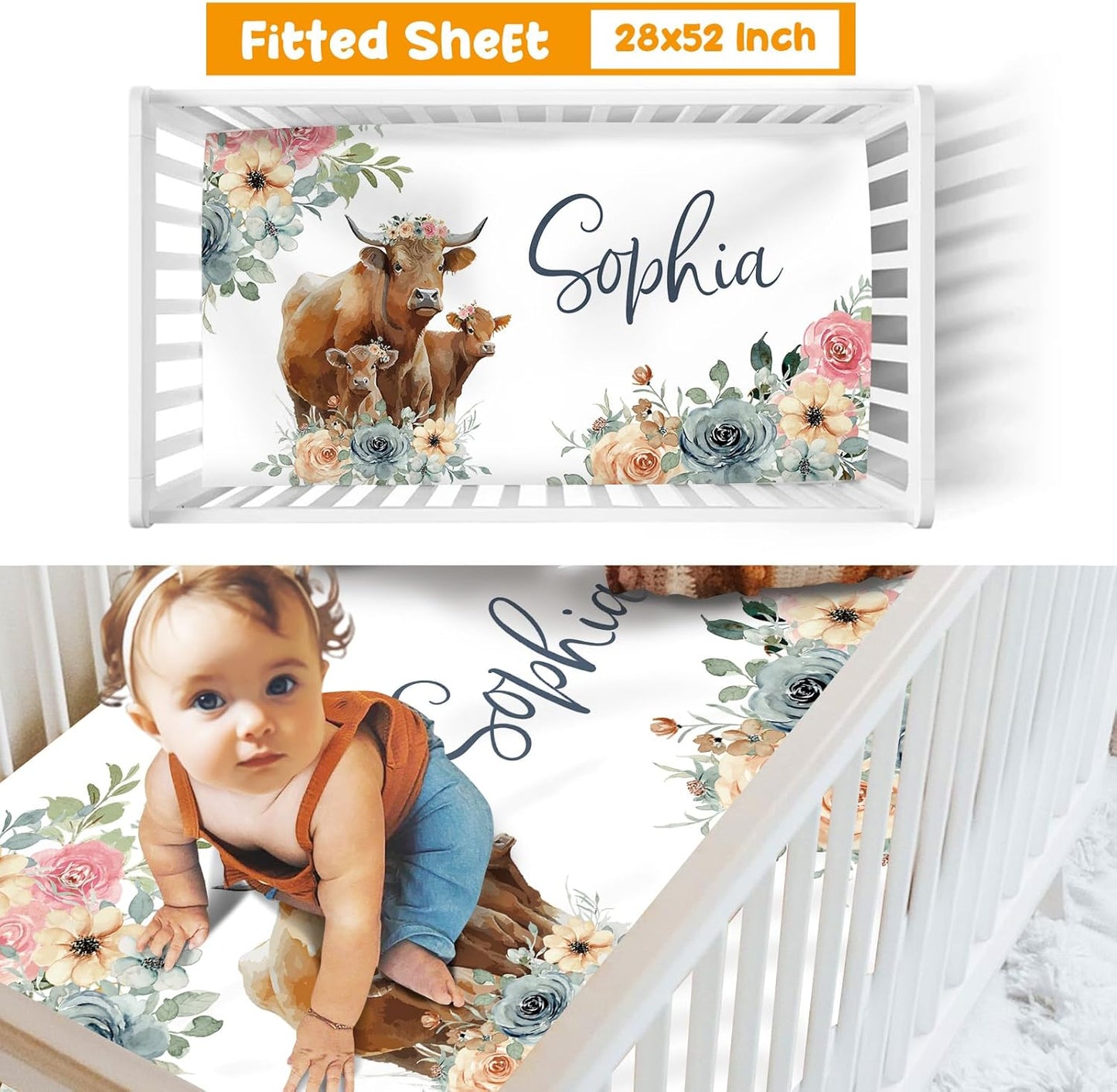 Custom Crib Bedding Set - Highland Cow Design Personalized Name Baby Nursery Bed 3 Pcs Set - Chic Soft Blanket with Dotted Backing, Sheet, Pillowcase for Newborn Girls Boys Gifts Color03