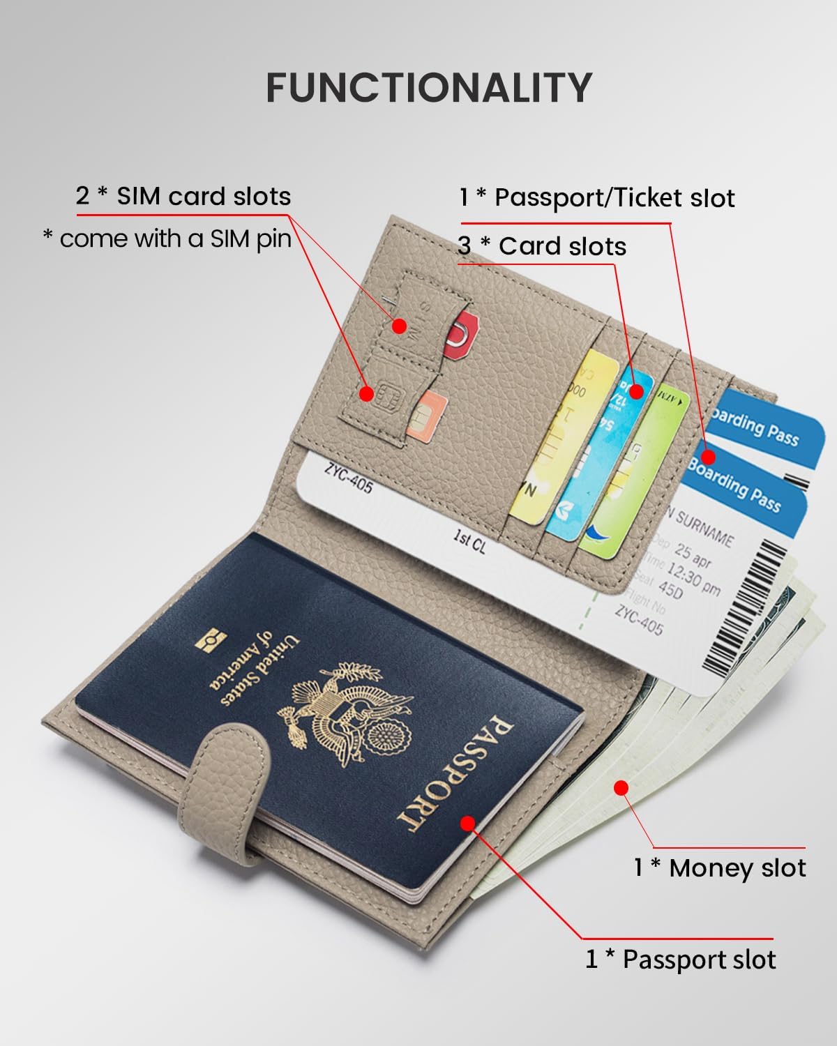 RFID Passport Holder Travel Wallet for Women, Leather Passport Cover Wallet with Card Holders SIM Slots,Zippered Coins Pocket and Cash Slot Slim Compact Travel Wallet (Eephant Grey)