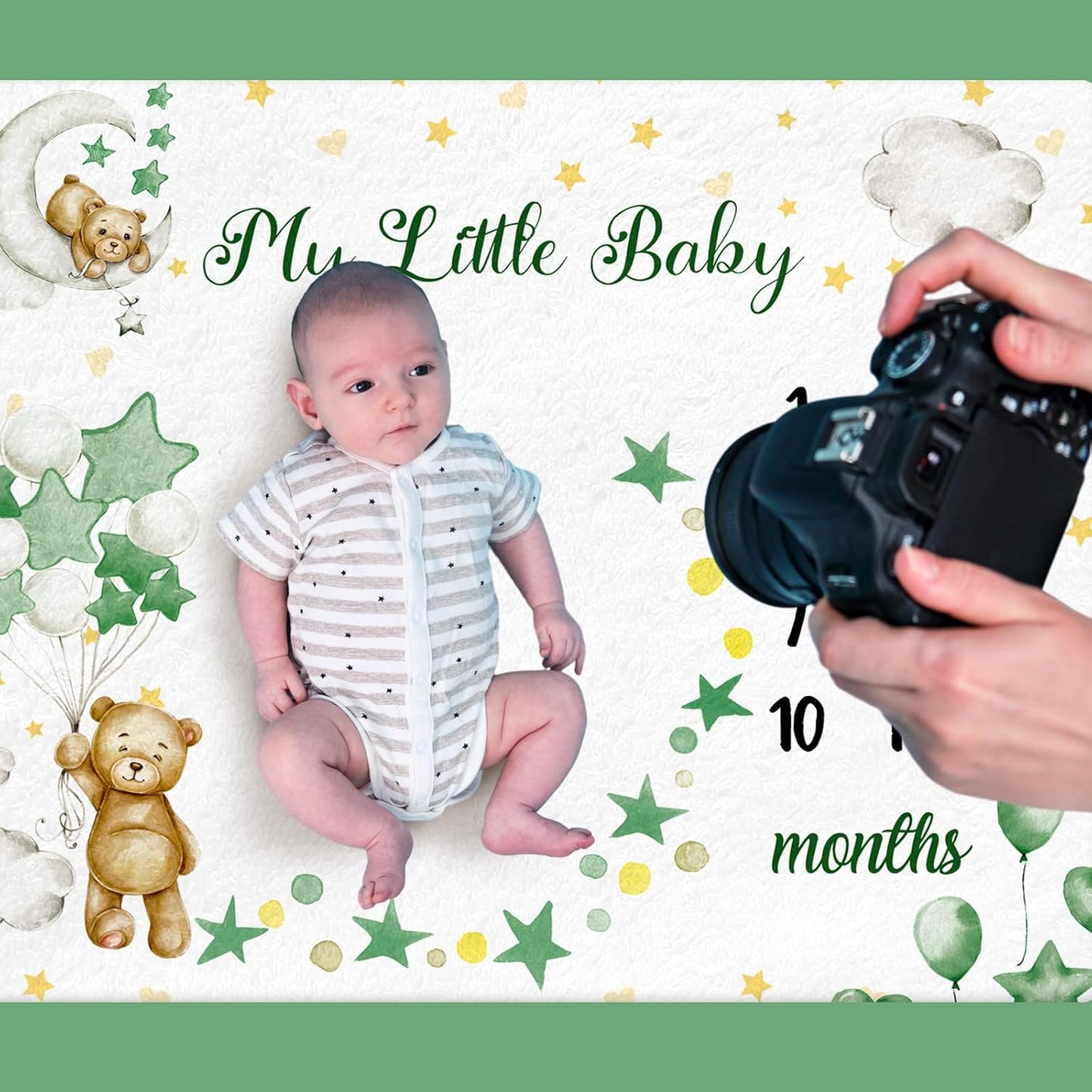 Sleeping Bear Monthly Baby Milestone Blanket Bear Star Balloon Flannel Blanket Boy Newborn Infant Swaddle Growth Chart Baby with Frame for Boys Girls Nursery (Green)
