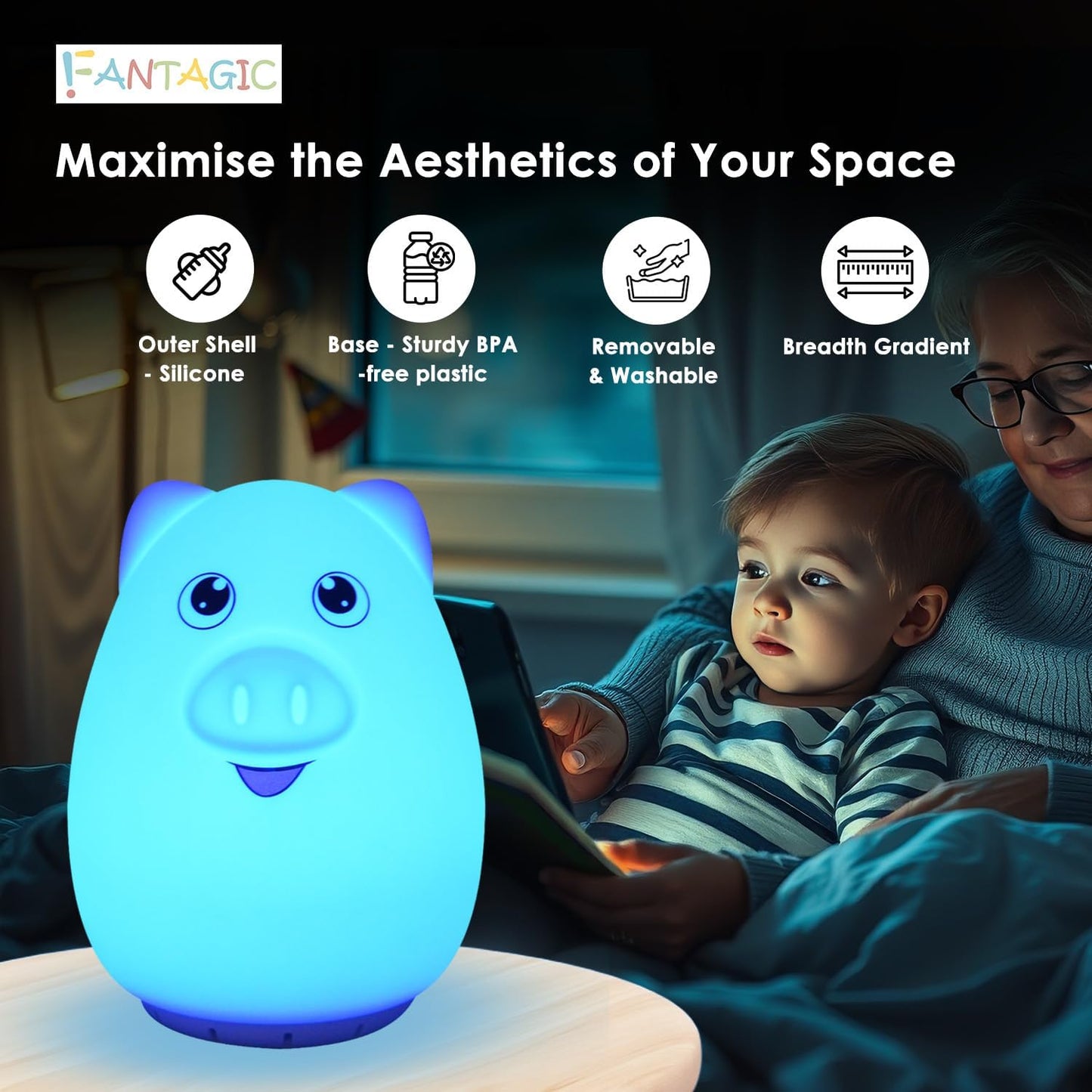 Combined Bluetooth Speaker & Nightlight With 9 Color Emissions, Child Friendly Silicone & BPA Free, USB Recharging, Receives Audio From Computer, Phone Or Tablet, and includes Remote Control (Pig)