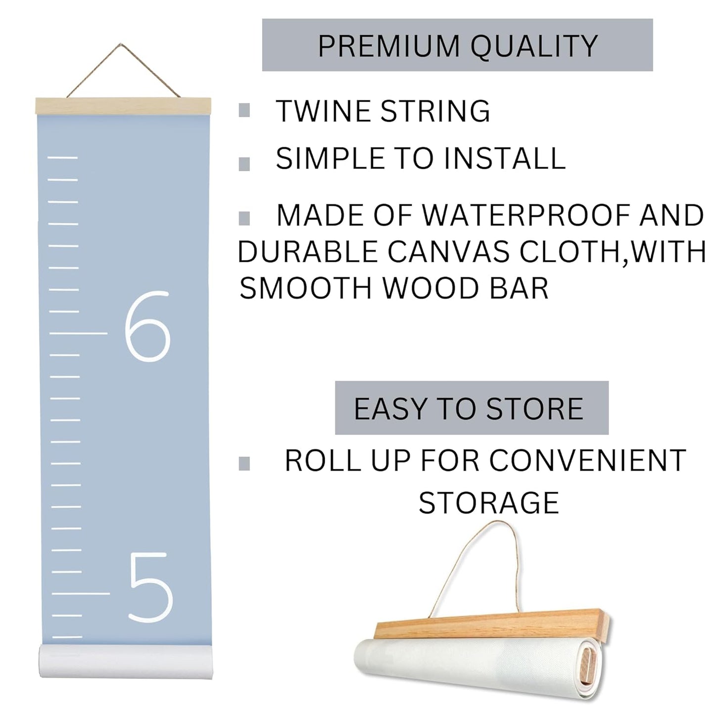 Morxy Canvas Growth Chart for Kids - Unisex Kids Room Wall Decor - Measuring Height Chart- Wall Tape with Height Chart for Kids (Canvas, Plain Blue)