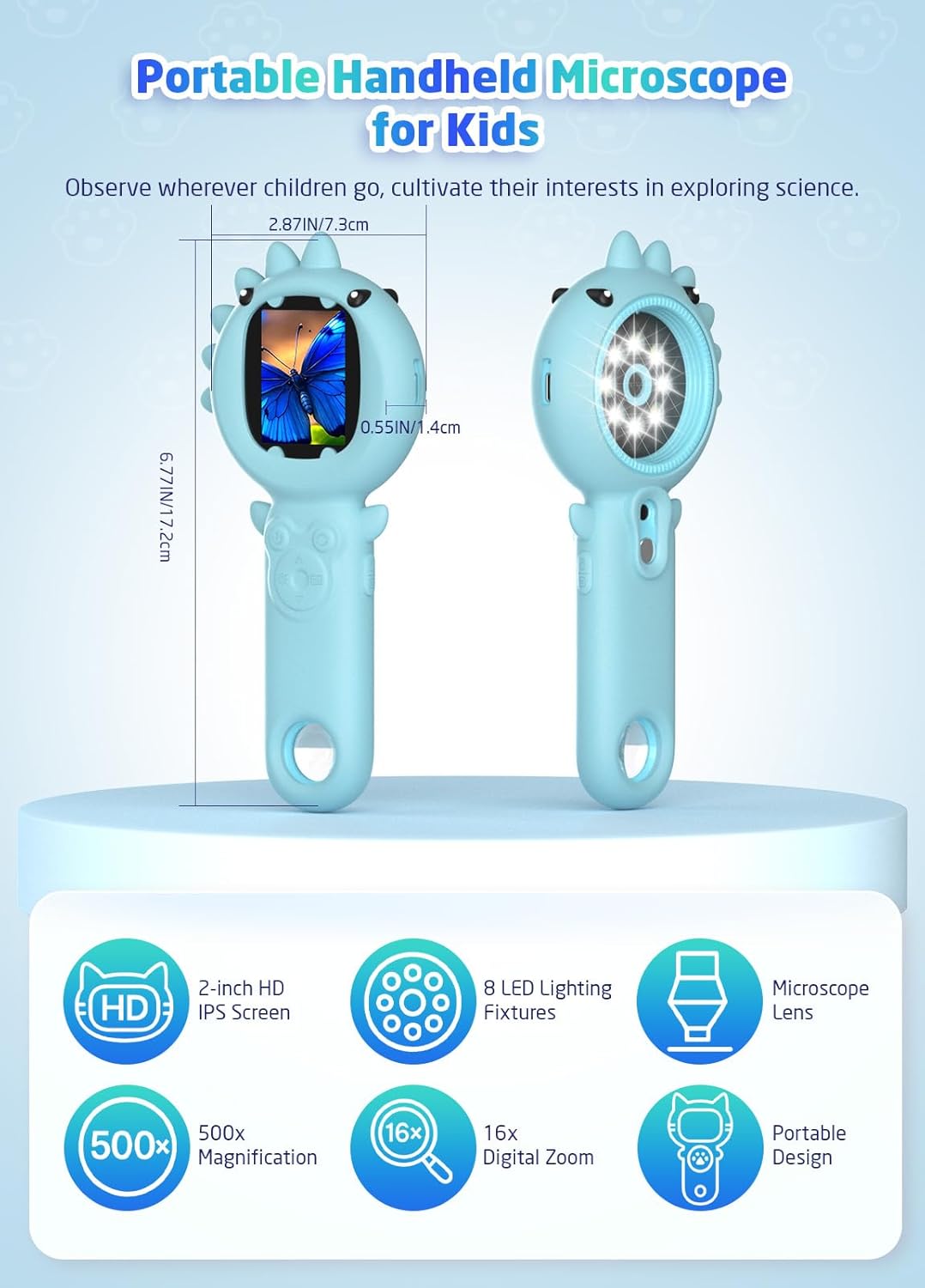 2-in-1 Microscope Camera for Kids, Mini Handheld Microscope Supporting Multiple Viewing Angles, Outdoor Educational Science Adventure Toys, Birthday Gifts for 3-10 Years Old Boys Girls, Blue Dinosaur