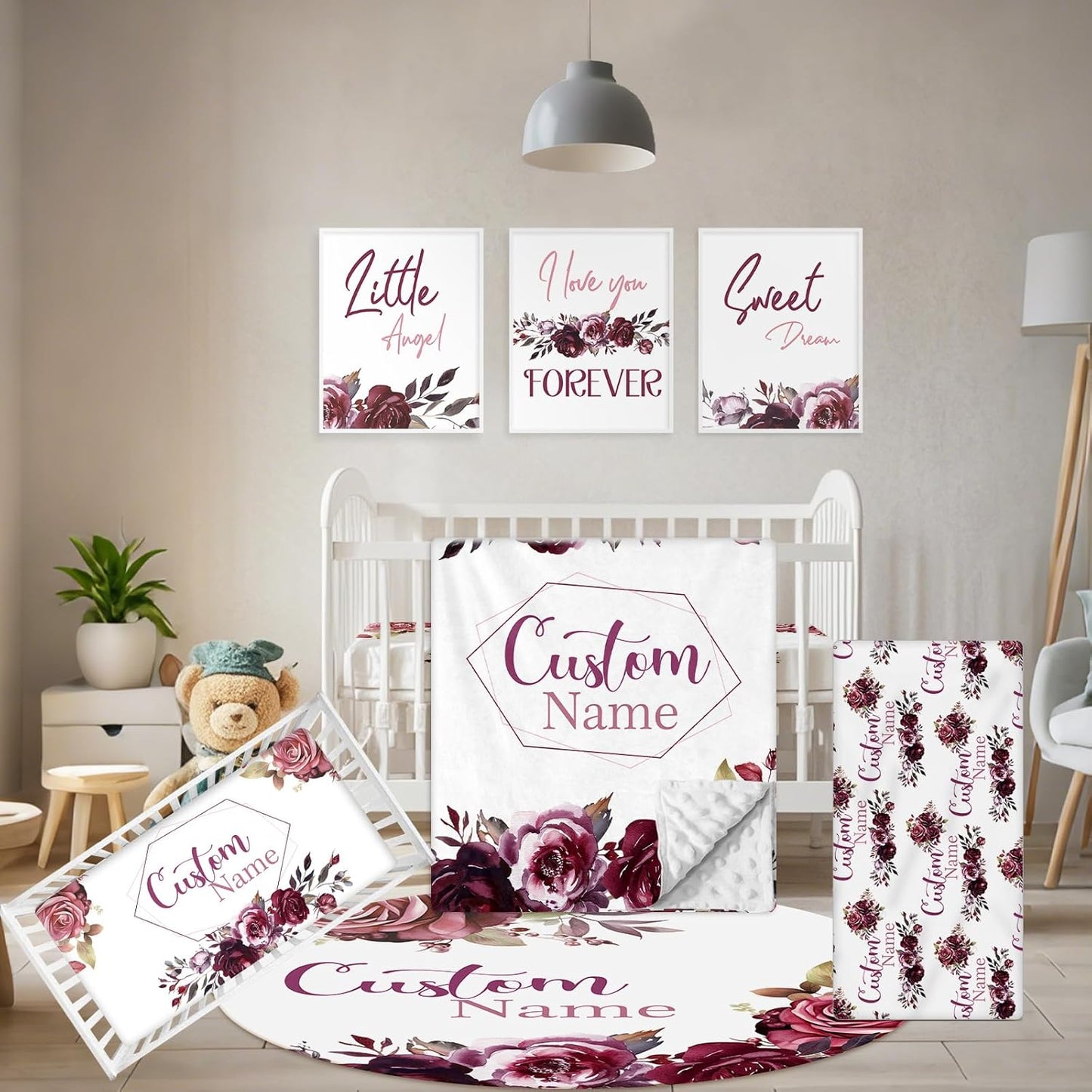 Personalized Crib Bedding Set, 5 Pcs Custom Nursery Bedding Sets with Name, Infant Bedding Set for Baby Girls, Purple Flower Double Layer Baby Crib Set, Babies Toddlers Kids Customized Gifts