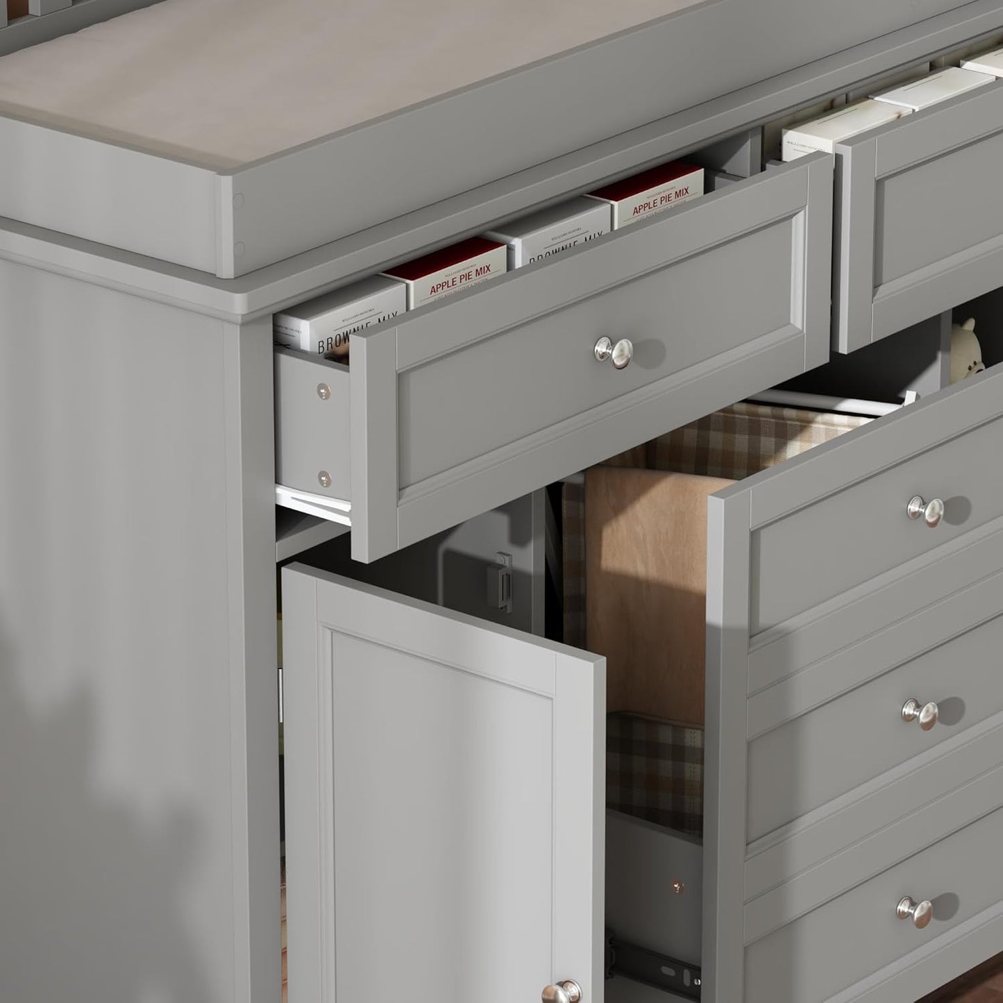 Nursery Dresser with Changing Table Top, 46"W Baby Dresser with 2 Drawers, Laundry Basket & Raised Guard, Infant Diaper Changing Storage Organize Station for Nursery and Baby Bedroom, Grey