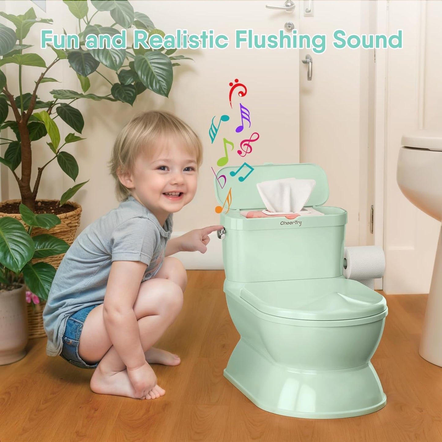 2-in-1 Toddler Potty Training Toilet - Larger Potty Chair & Detachable Training Seat for Boys & Girls Ages 1-3 with Flushing Sound, Wipes Storage, Toilet Paper Holder