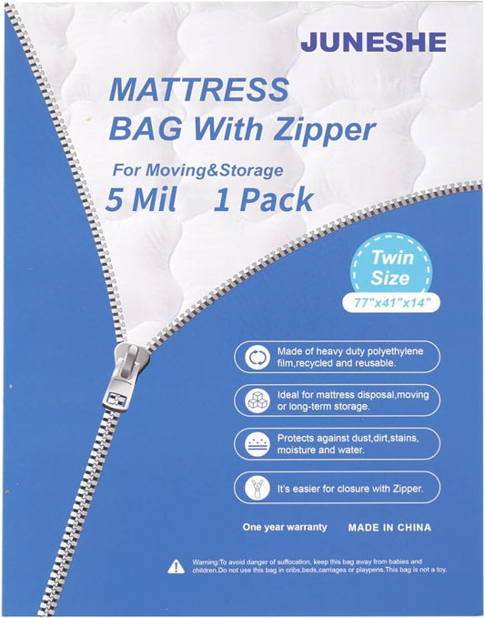 Twin Mattress Bag for Moving and Storage Cover -5 Mil Zipper Plastic Waterproof Mattress Storage Bag,77x41x14 inches,1 Pack