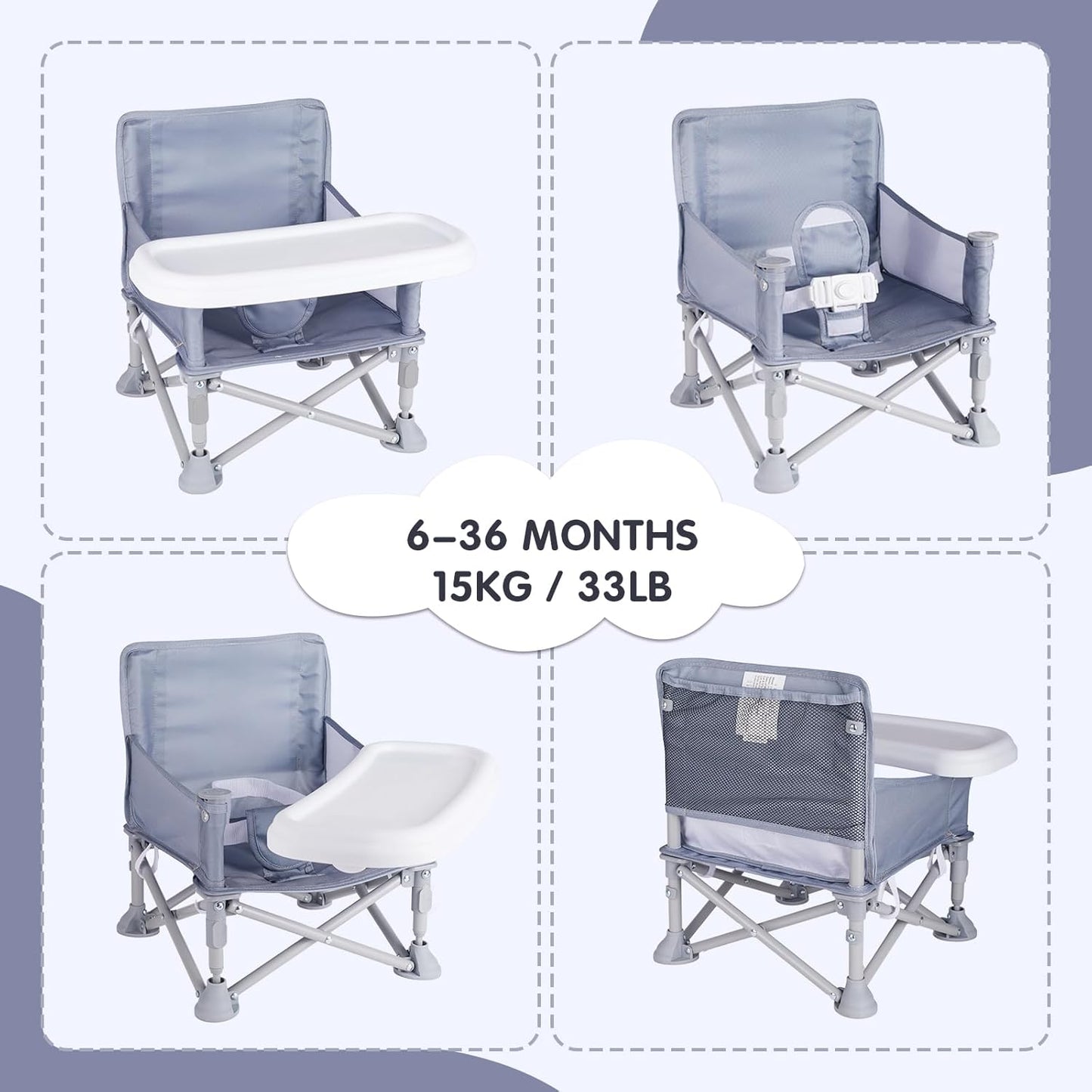 Portable Booster Seat, Toddler Baby Seat with Tray for Dining Table Compact Floor Chair for Camping Lawn Beach Babies Travel 6-36 Months