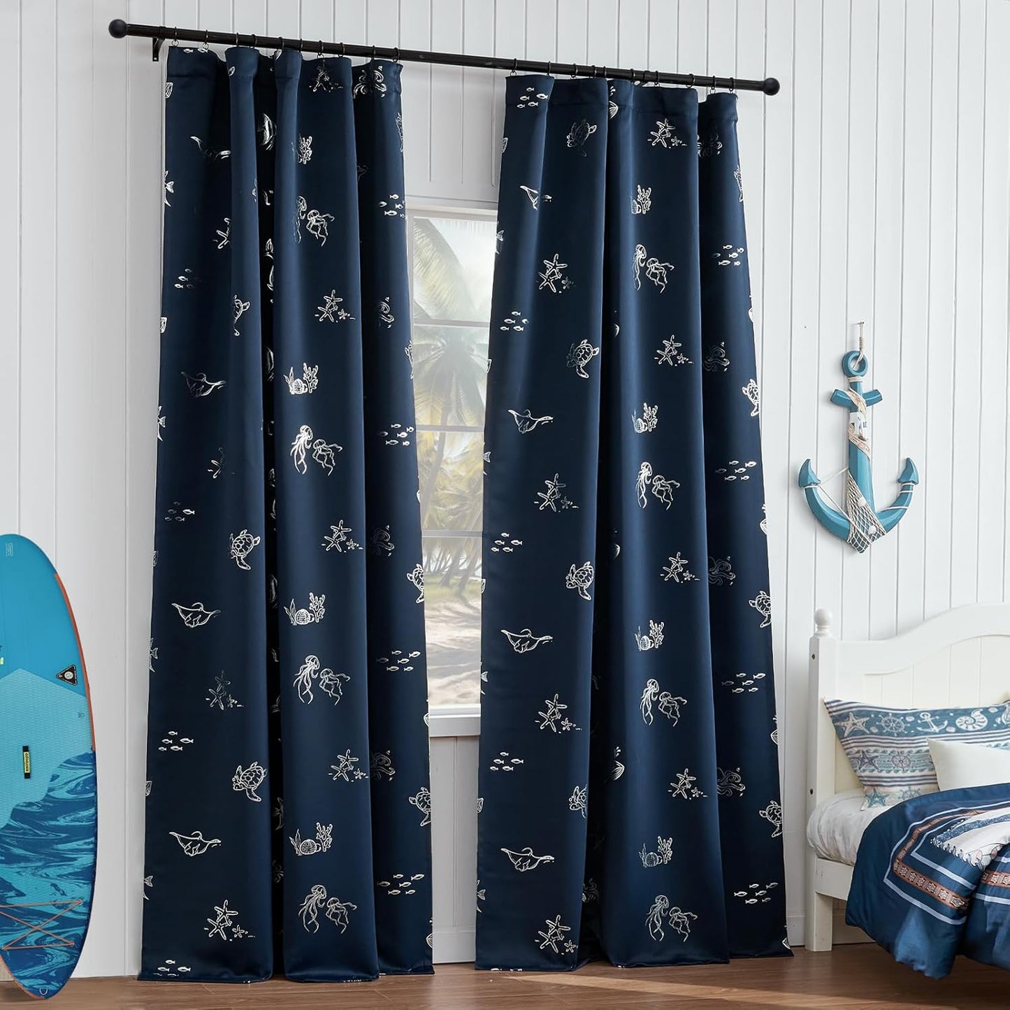 Vangao Kids Curtains for Boys Bedroom Kids Blackout Curtains 96 Inch Length Ocean Aquarium Nursery Drapes for Girls Bedroom Silver Sea Animals Print Thermal Insulated Drapes, Navy Blue 2 Panels