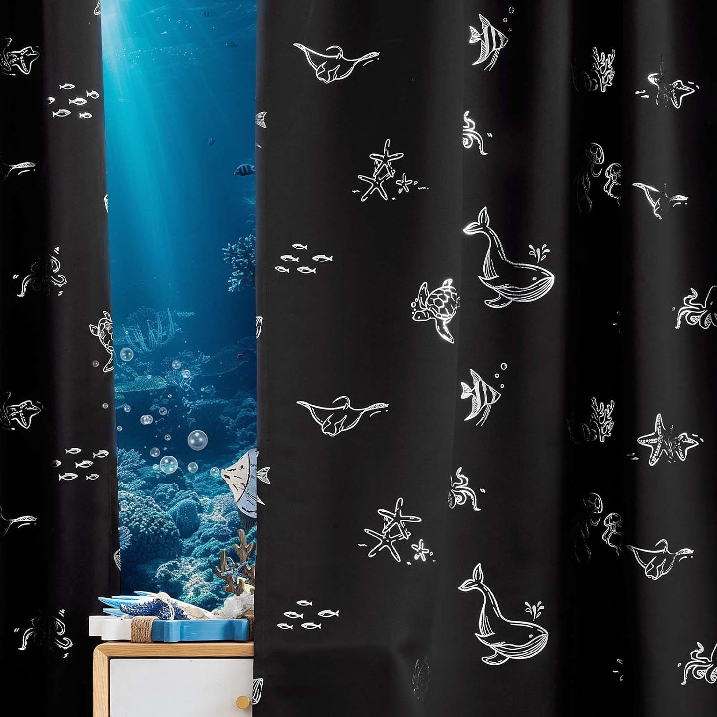 Vangao Kids Curtains for Boys Bedroom Kids Blackout Curtains 63 Inch Length Ocean Aquarium Nursery Drapes for Girls Bedroom Silver Sea Animals Print Thermal Insulated Drapes, Black 2 Panels