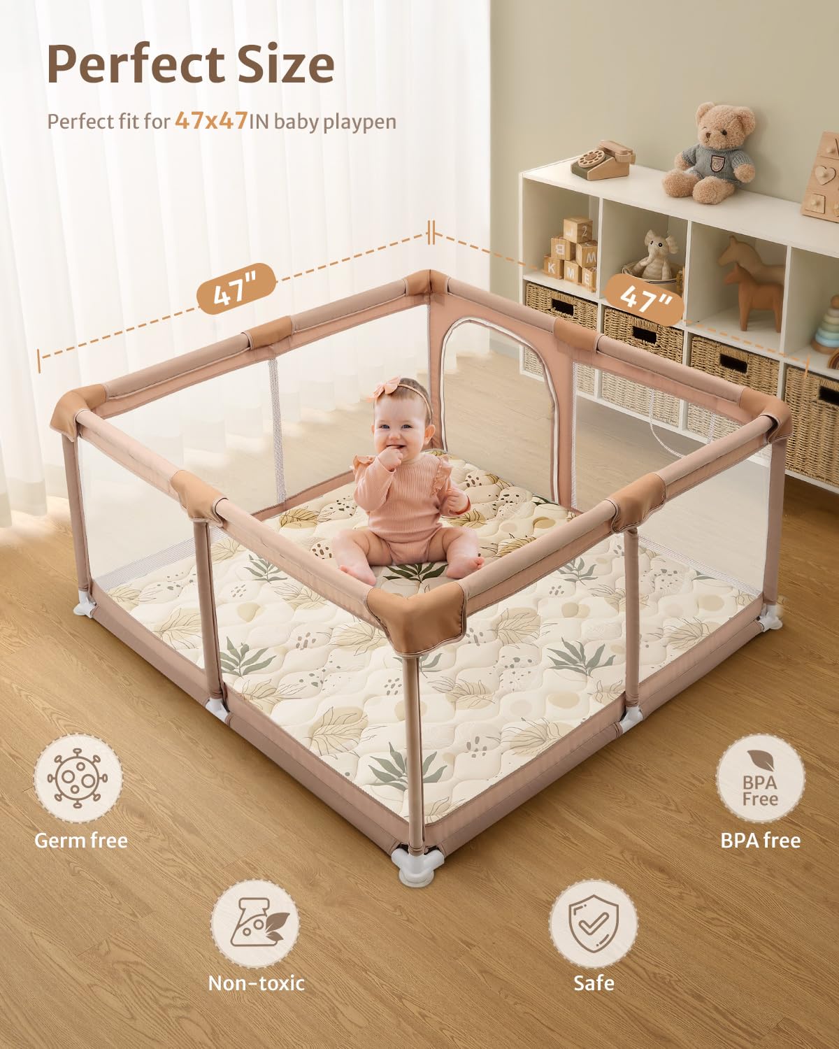 Blissful Diary Baby Play Mat, 47x47 Infant Play Mat for Playpen, Thicken Foam Cushioned Baby Mat for Floor, Non-Slip Kids Play Mat, Washable Baby Playmat for Babies,Toddlers, Earth Tones Design