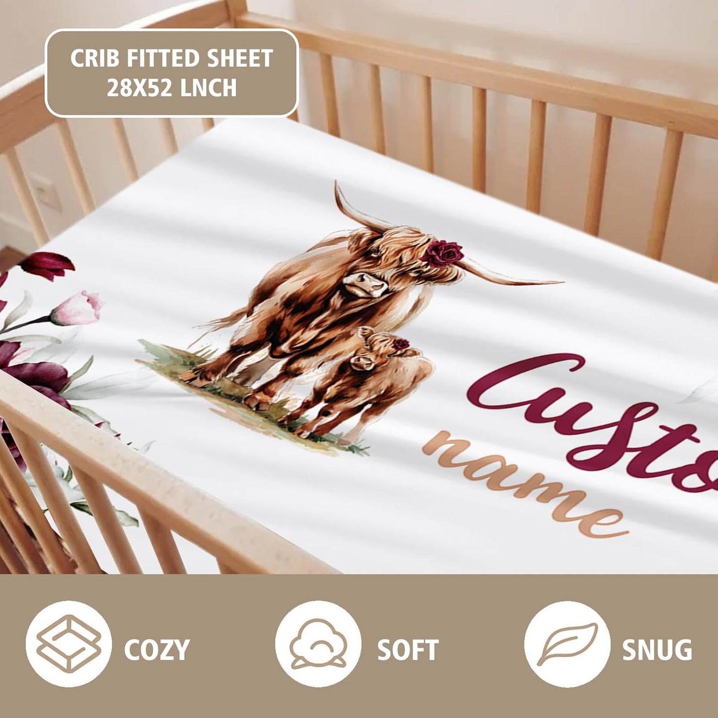 Custom Name Crib Bedding Set - Highland Cow Theme, Personalized Rose Floral Nursery Bedding 3-Piece Set– Soft Blanket, Fitted Sheet, Changing Pad Cover – for Newborns Girls Nursery Gifts