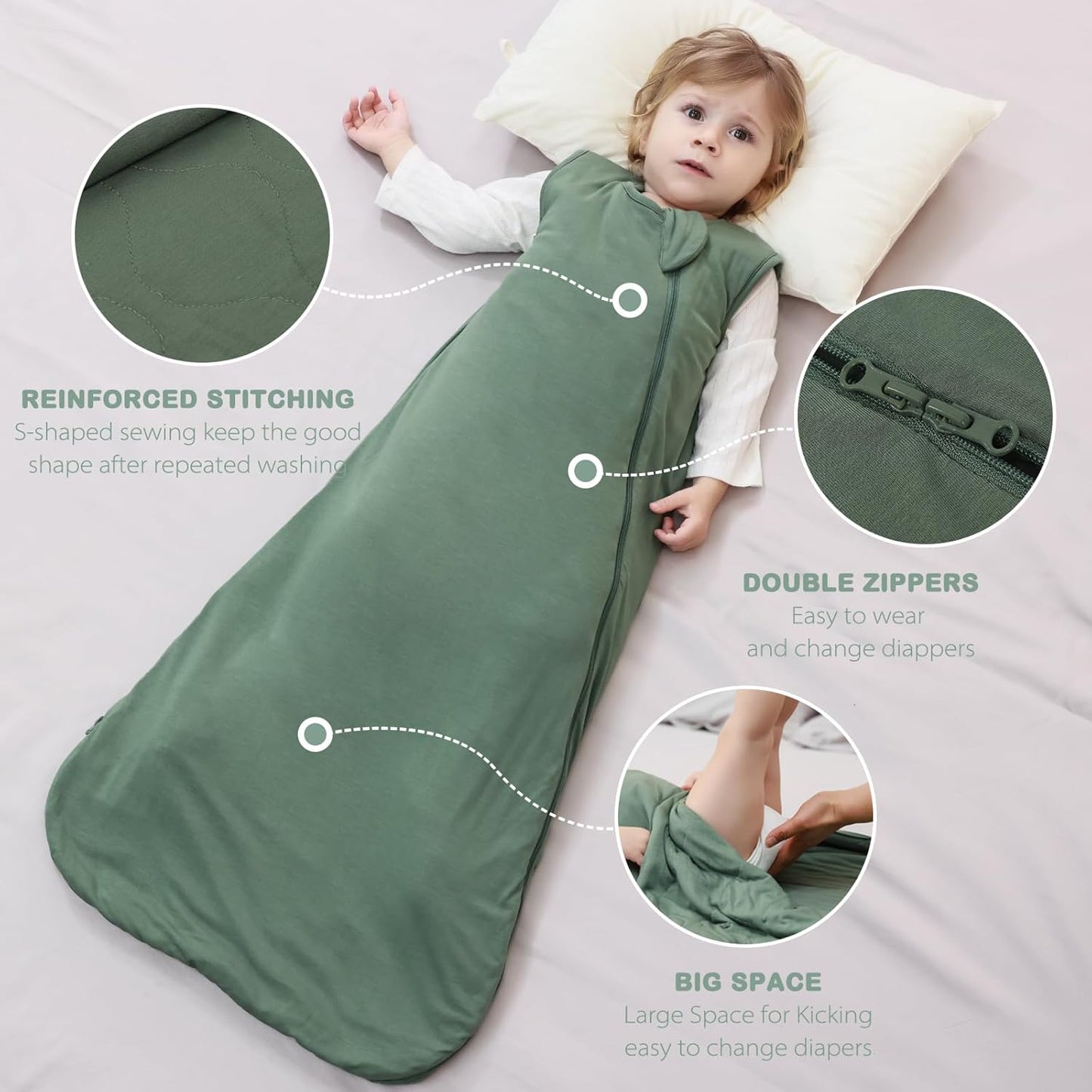Mosebears Unisex Baby Sleep Sack 1.0 TOG, Supersoft Rayon Made from Bamboo Wearable Blanket with 2-Way Zipper (Dark Green,0-6 Months)