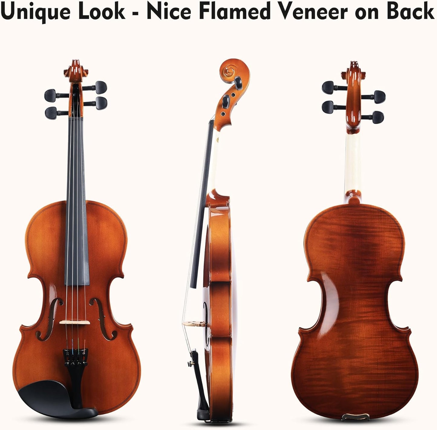 ADM 4/4 Full Size Wood Violin Set for Kids Teens Students Adults Beginner Acoustic Violin Glossy Fiddle Starter Kit with Hard Case, Rosin, Shoulder Rest, Bow, Clip-on Tuner and Fingerboard Sticker