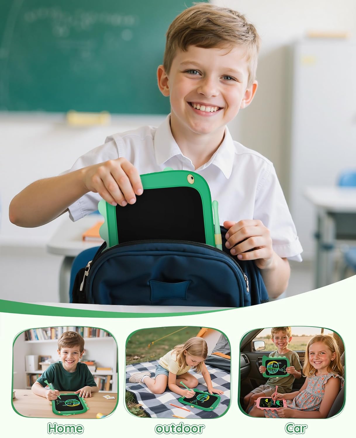 Kikapabi LCD Writing Tablet, Dinosaur Toys Gifts for Boys Age 3 4 5 6 7 Year Old, 8.5inch Colorful Doodle Board Pad for Kids, Birthday Toddler Toy Age 3-7 Portable Travel Drawing Green